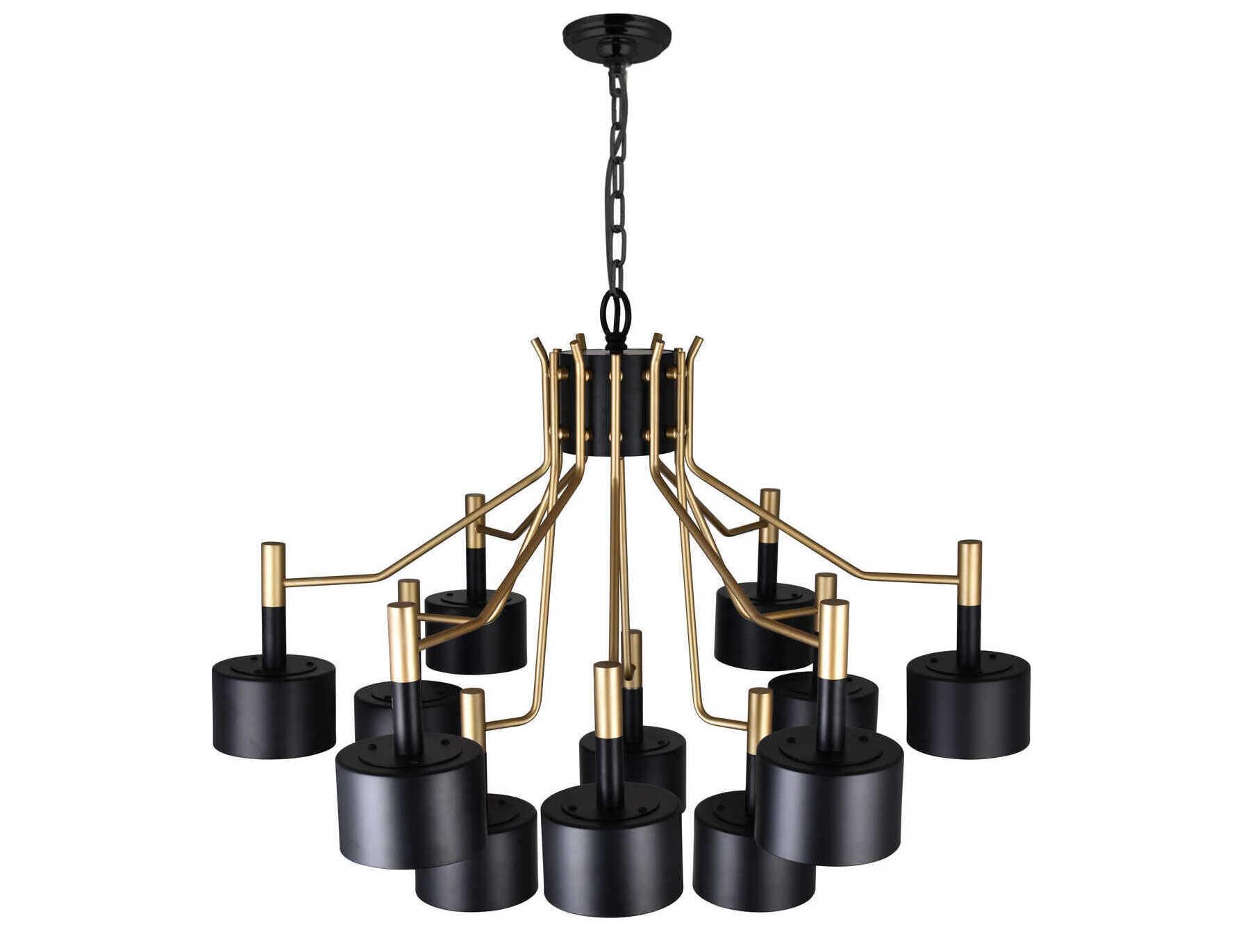 CWI Lighting Corna 12-Light Matte Black Satin Gold Drum Chandelier