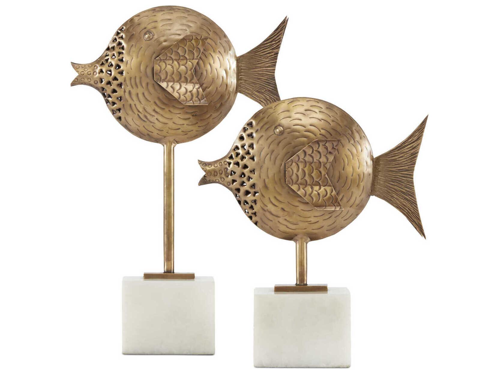 Currey & Company Antique Brass / White Cici Brass Fish Sculpture Set of 2