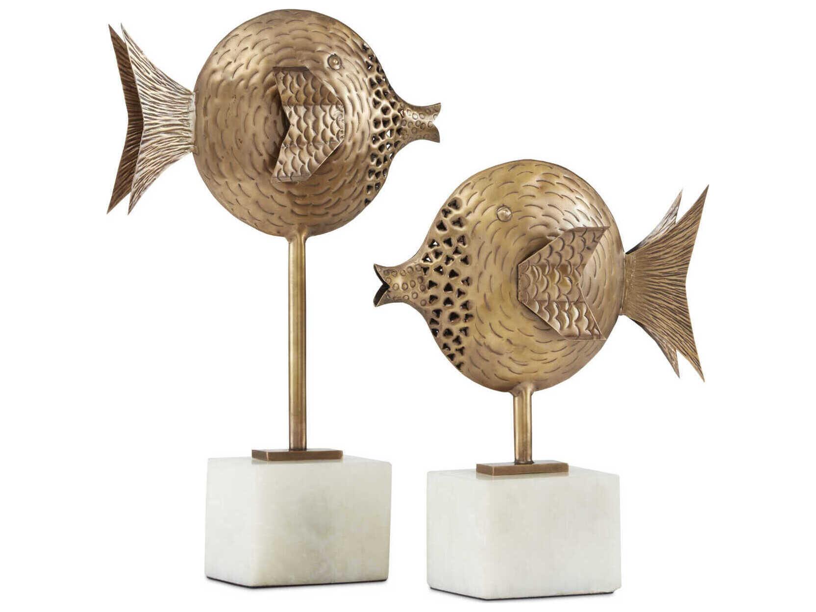 Currey & Company Antique Brass / White Cici Brass Fish Sculpture Set of 2