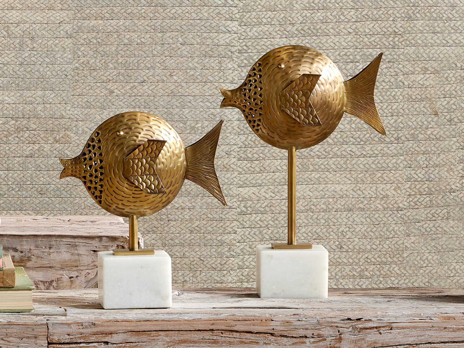 Currey & Company Antique Brass / White Cici Brass Fish Sculpture Set of 2