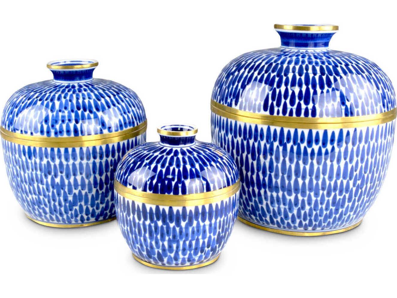 Currey & Company Blue White Brass Plavan Jar Set of 3