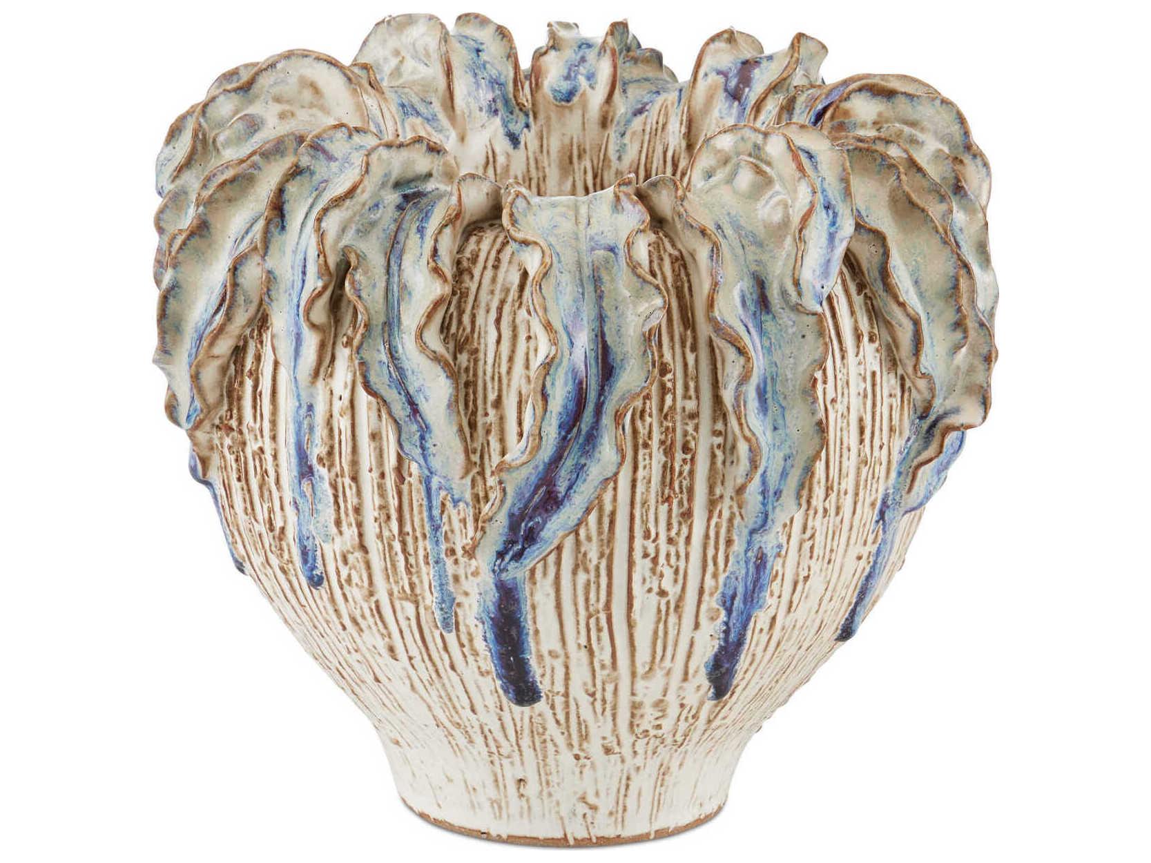 Currey & Company Tropical Crown Ivory Reactive Blue Vase