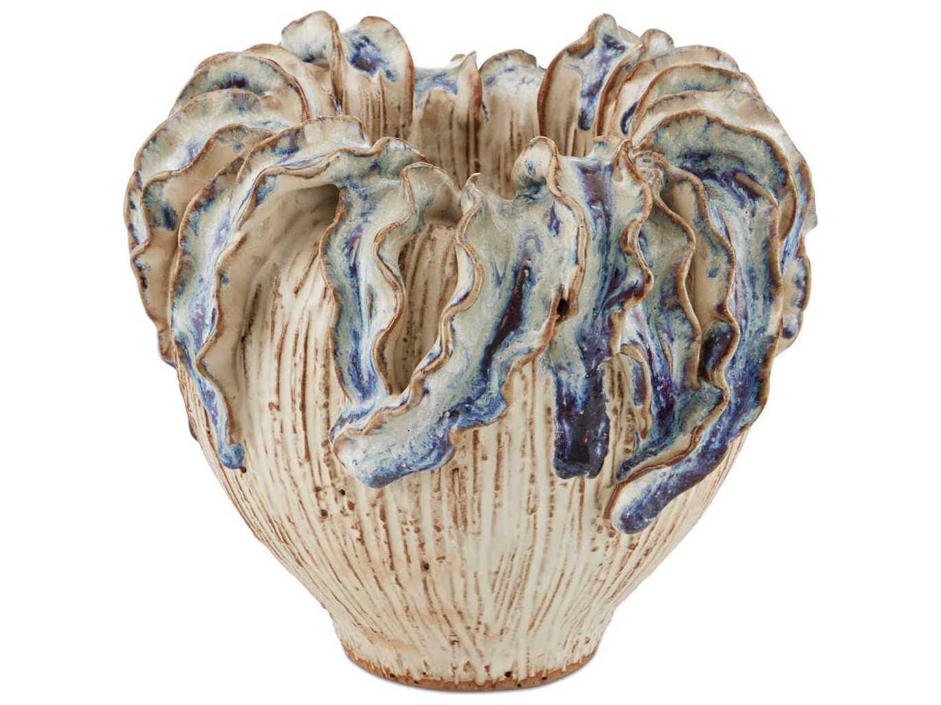 Currey & Company Tropical Crown Ivory Reactive Blue Vase