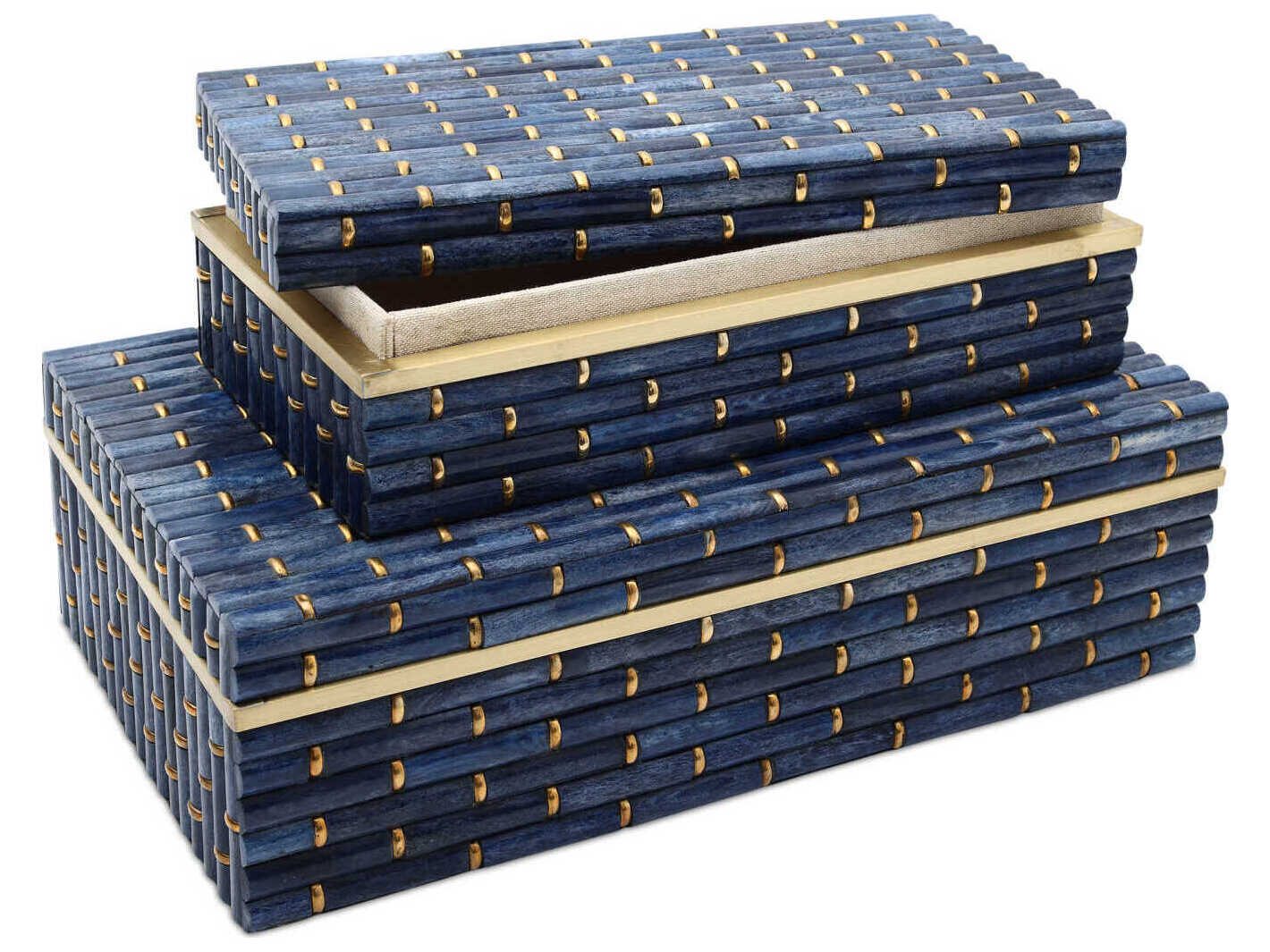 Currey & Company Midnight Bamboo Blue Brass Box Set of 2