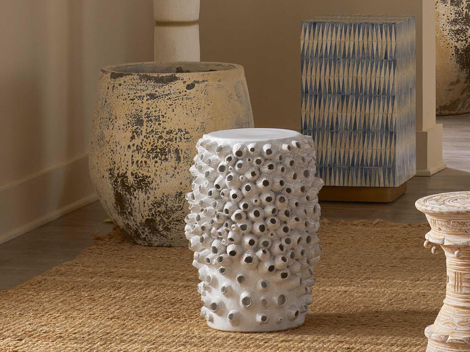 Currey & Company Barnacle Round Ceramic Antique White End Table