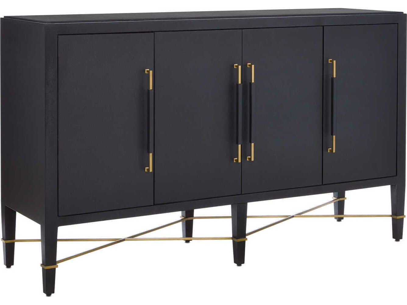 Currey & Company Verona 67" Black Lacquered Linen Champagne Metal Sideboard