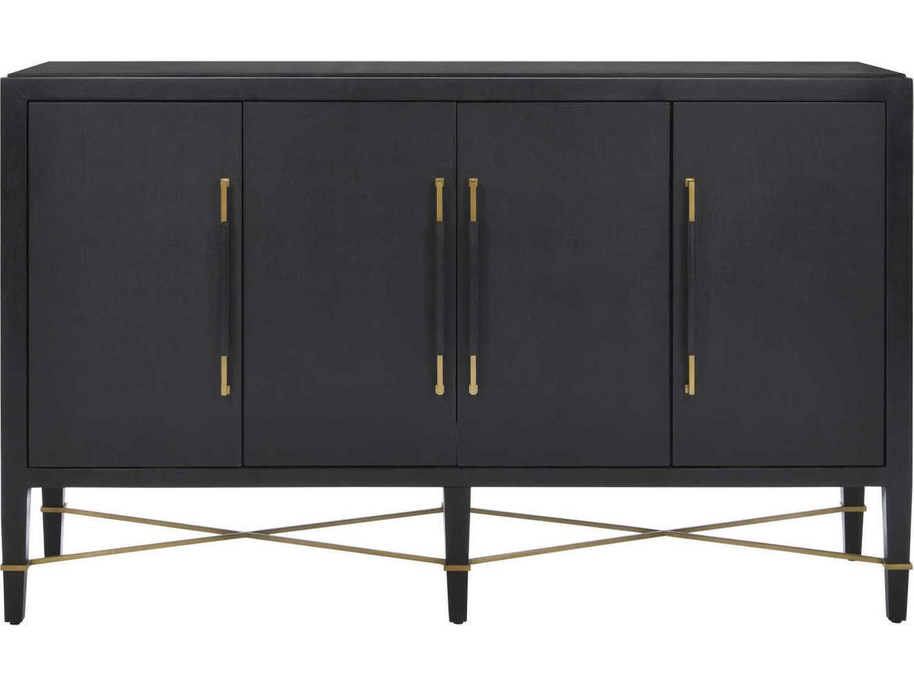 Currey & Company Verona 67" Black Lacquered Linen Champagne Metal Sideboard