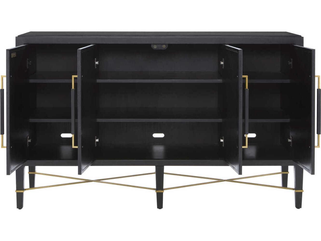 Currey & Company Verona 67" Black Lacquered Linen Champagne Metal Sideboard