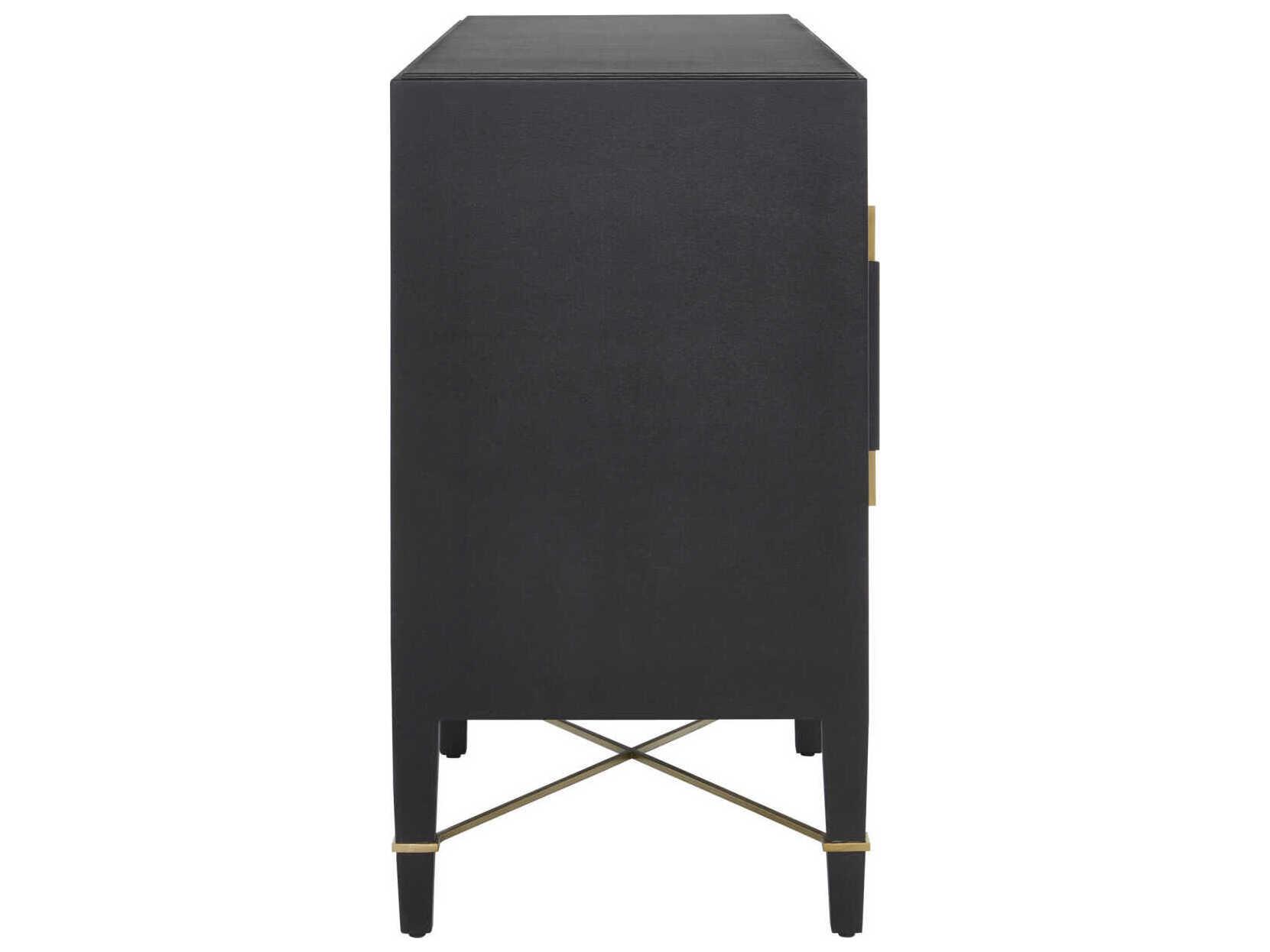 Currey & Company Verona 67" Black Lacquered Linen Champagne Metal Sideboard
