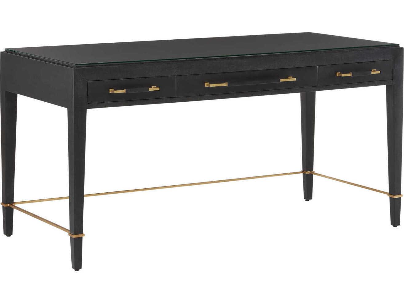 Currey & Company Verona Black Lacquered Linen Champagne Metal Solid Wood Secretary Desk