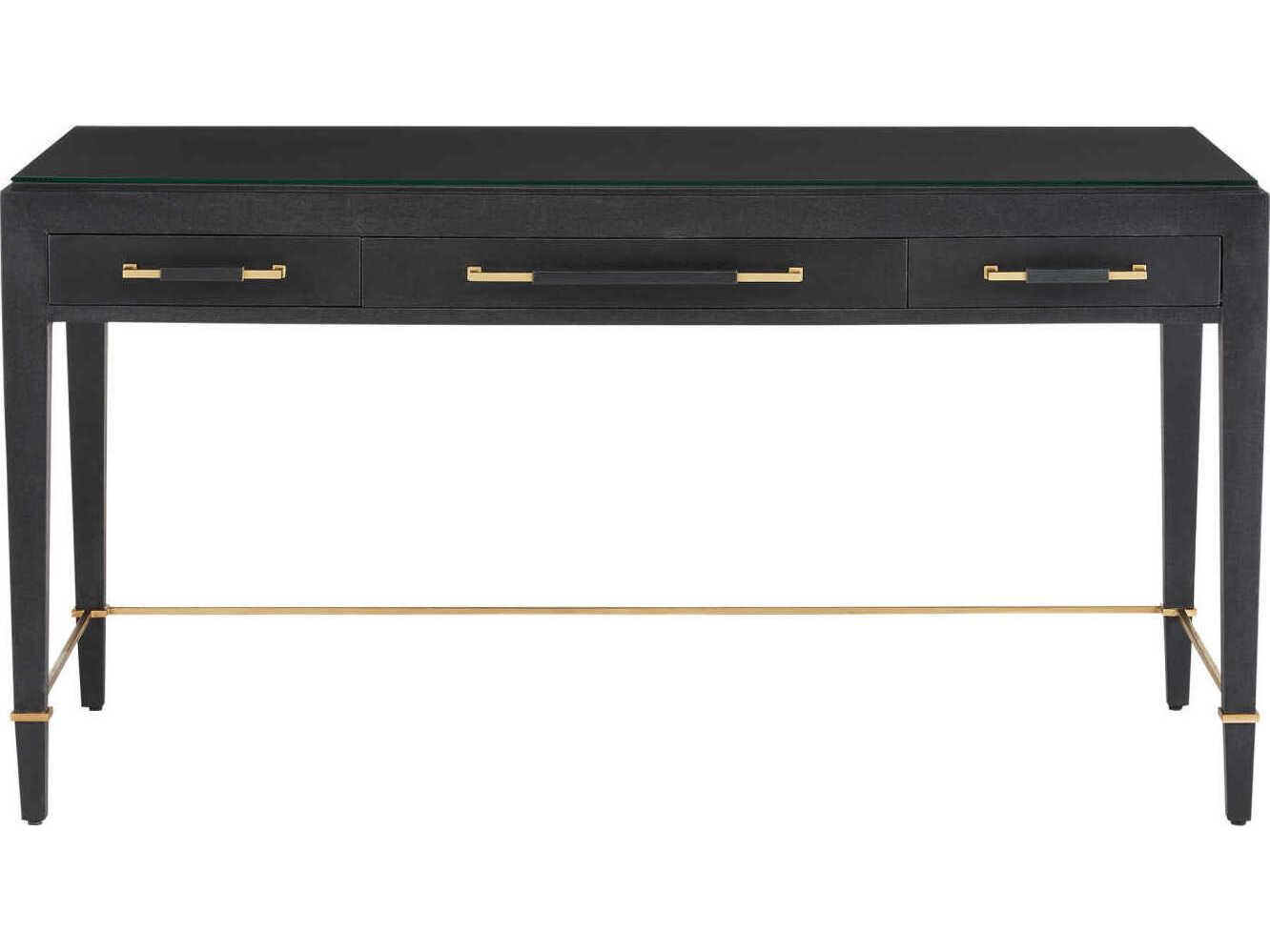 Currey & Company Verona Black Lacquered Linen Champagne Metal Solid Wood Secretary Desk