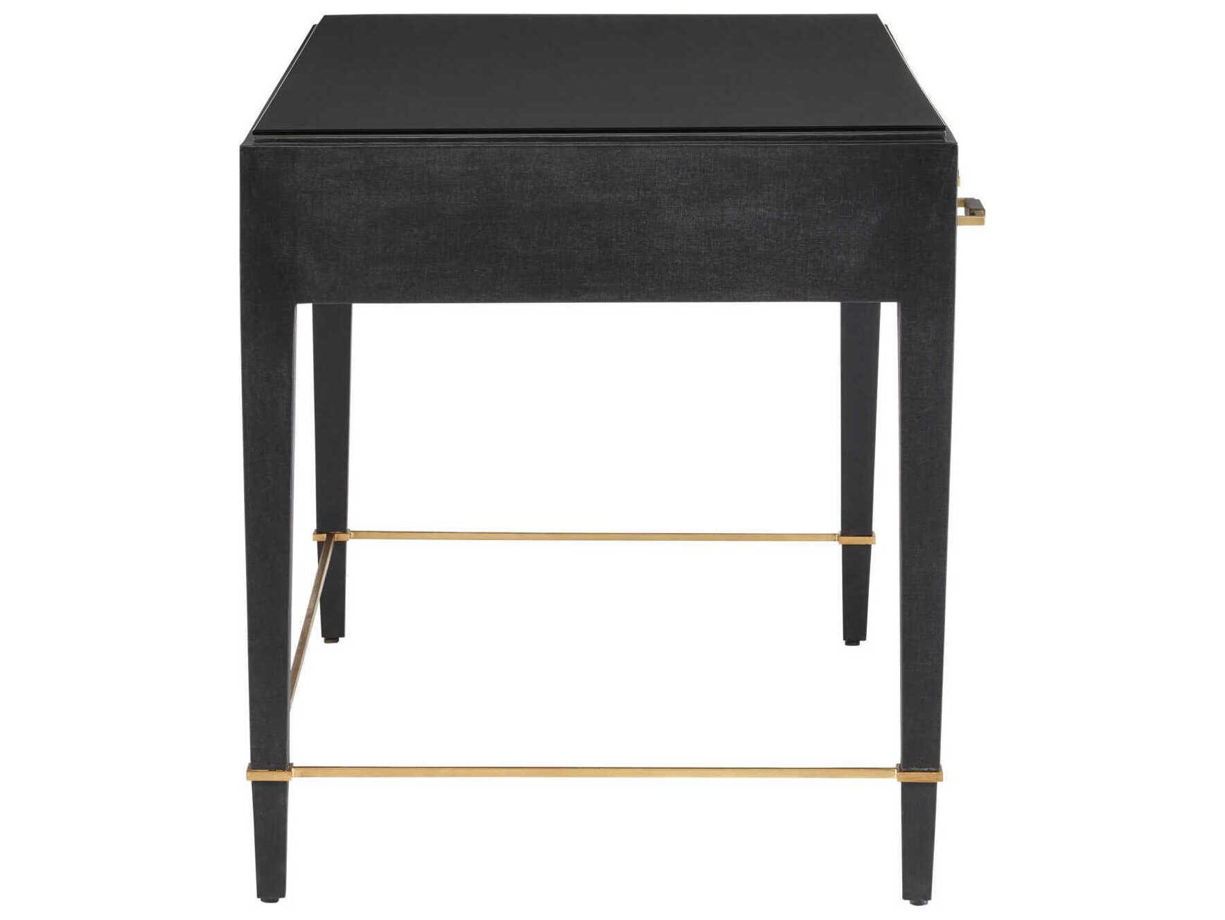 Currey & Company Verona Black Lacquered Linen Champagne Metal Solid Wood Secretary Desk
