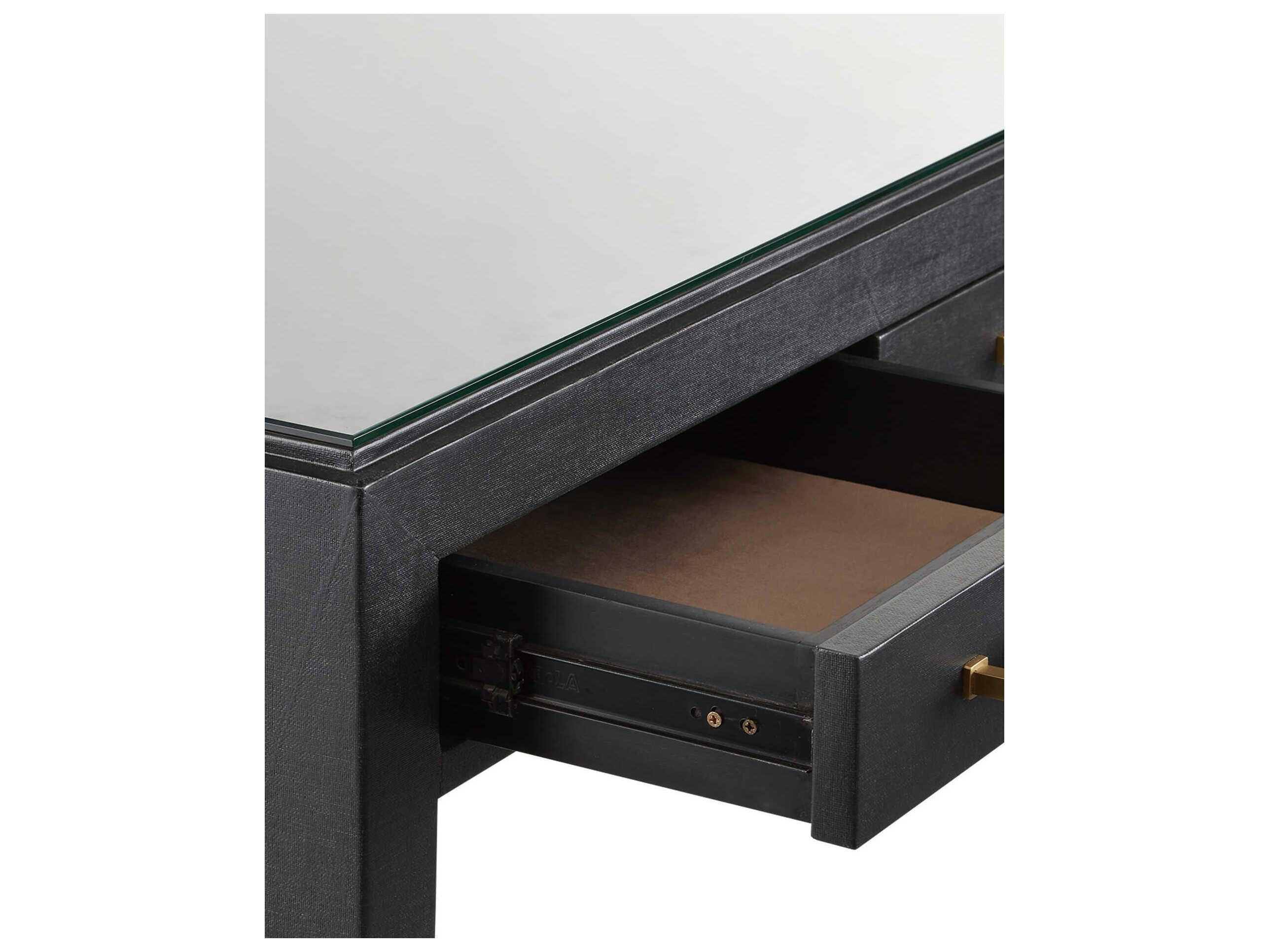 Currey & Company Verona Black Lacquered Linen Champagne Metal Solid Wood Secretary Desk