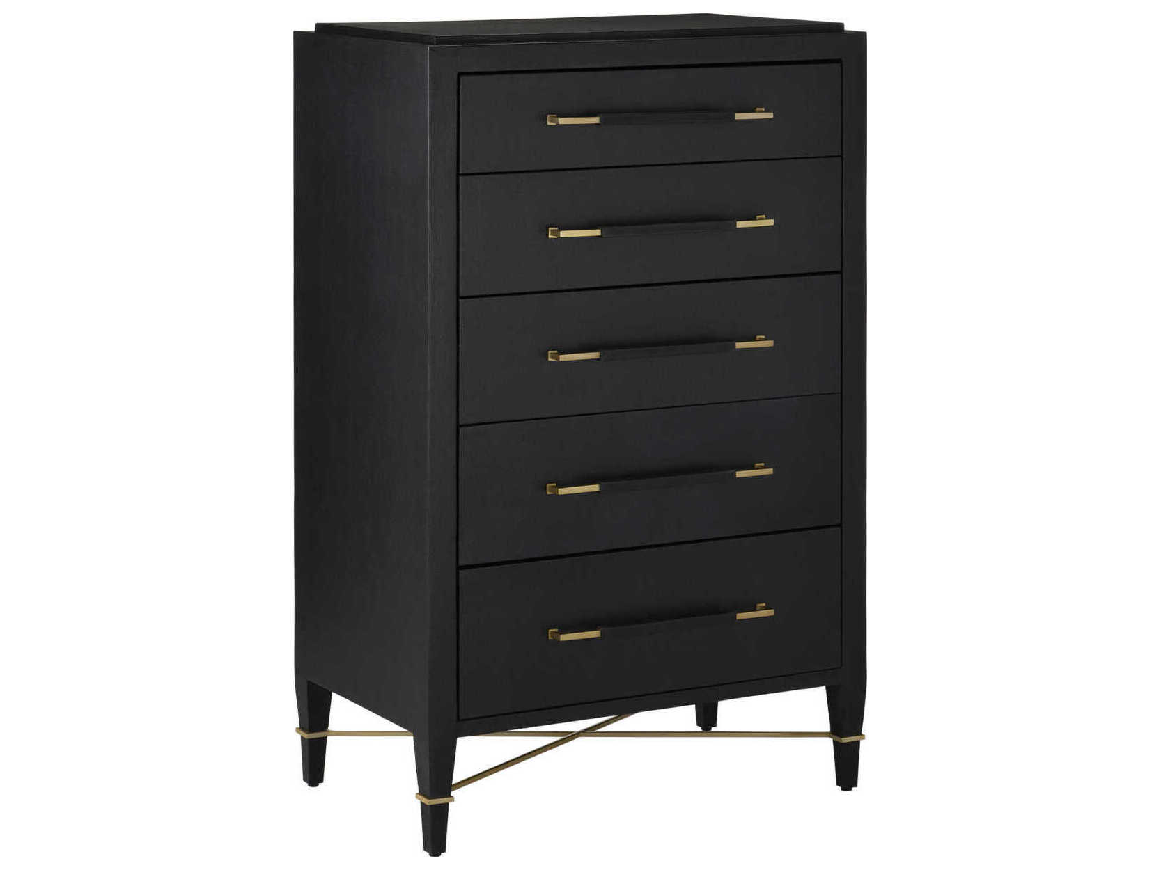 Currey & Company Verona 5-Drawers Lacquered Black Linen Mahogany Wood Accent Chest