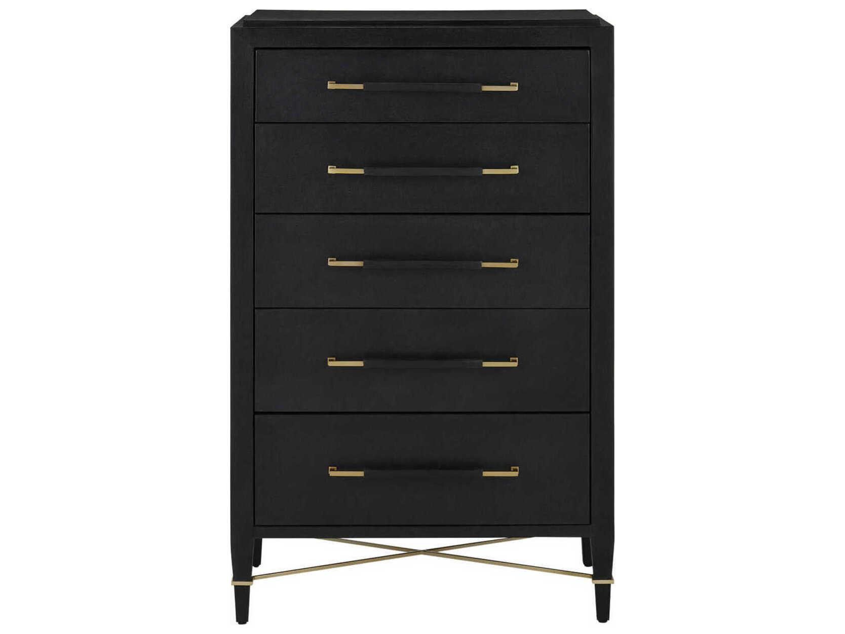 Currey & Company Verona 5-Drawers Lacquered Black Linen Mahogany Wood Accent Chest
