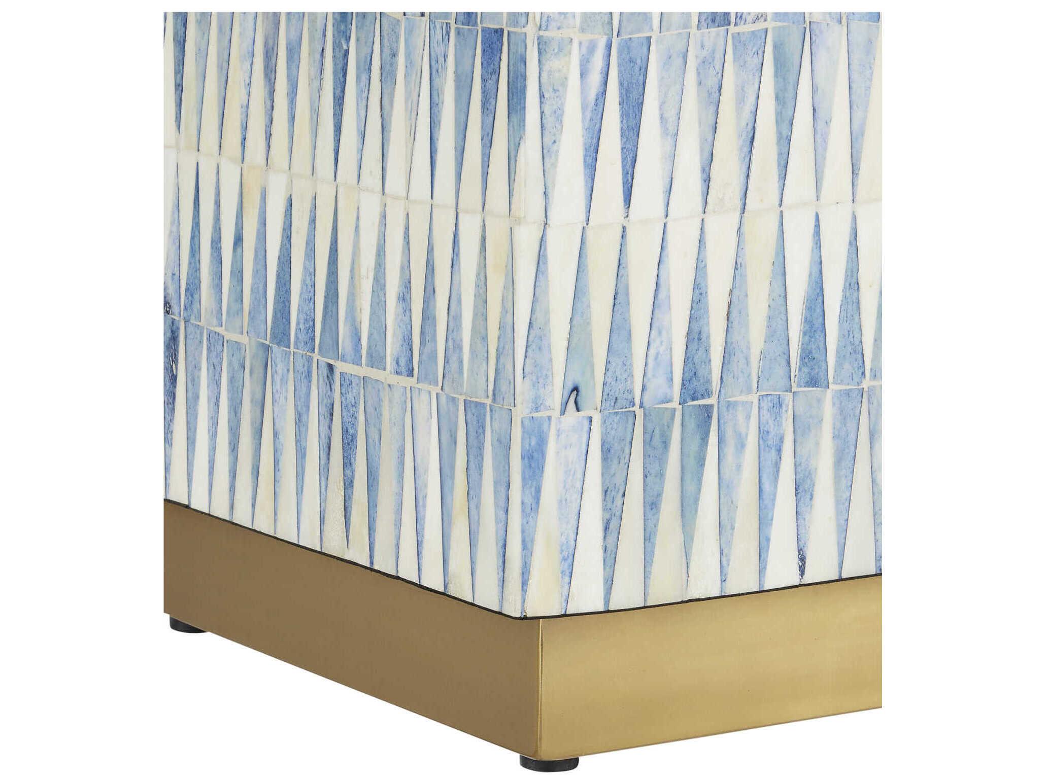 Currey & Company Square Wood Blue White Brushed Brass End Table