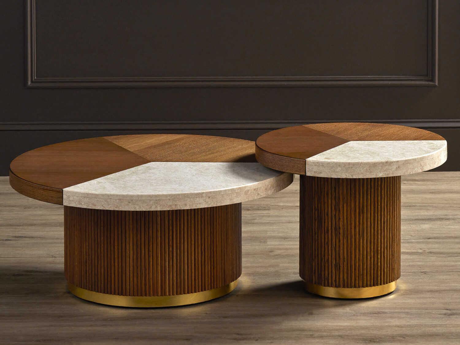 Currey & Company Dakota Round Wood Morel Brown Natural Polished Brass Coffee Table