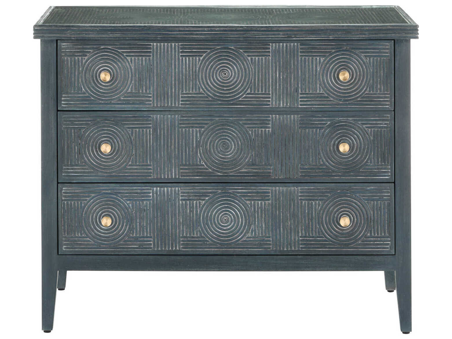 Currey & Company Santos 38" Vintage Navy Brass Clear Blue Rattan Accent Chest