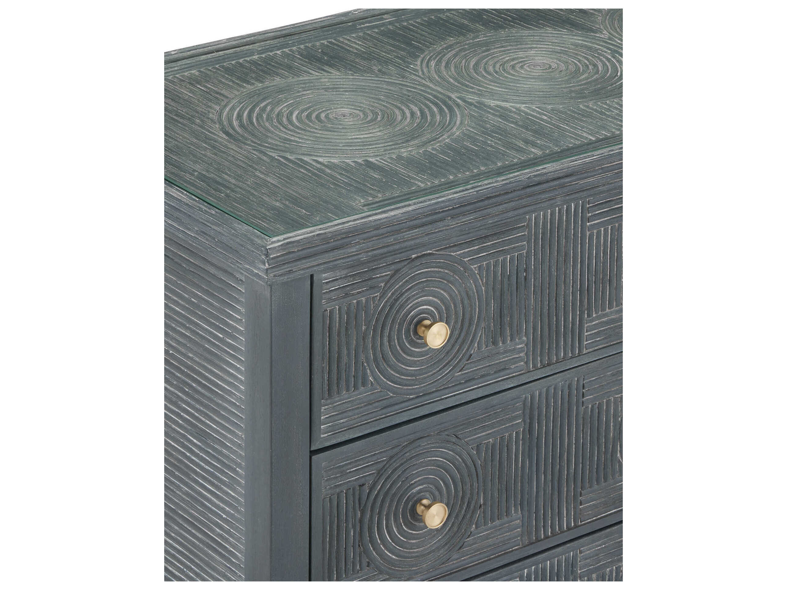 Currey & Company Santos 38" Vintage Navy Brass Clear Blue Rattan Accent Chest