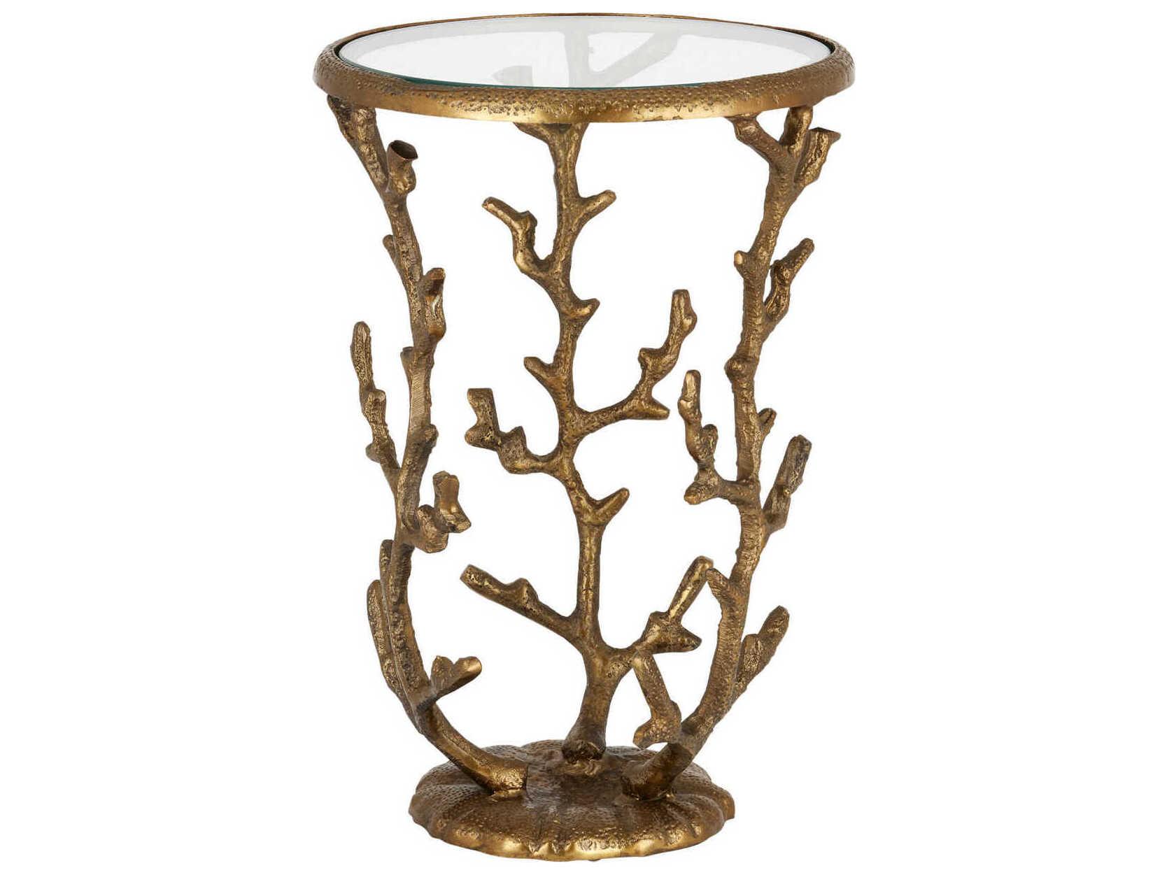 Currey & Company Round Glass Antique Brass Clear End Table