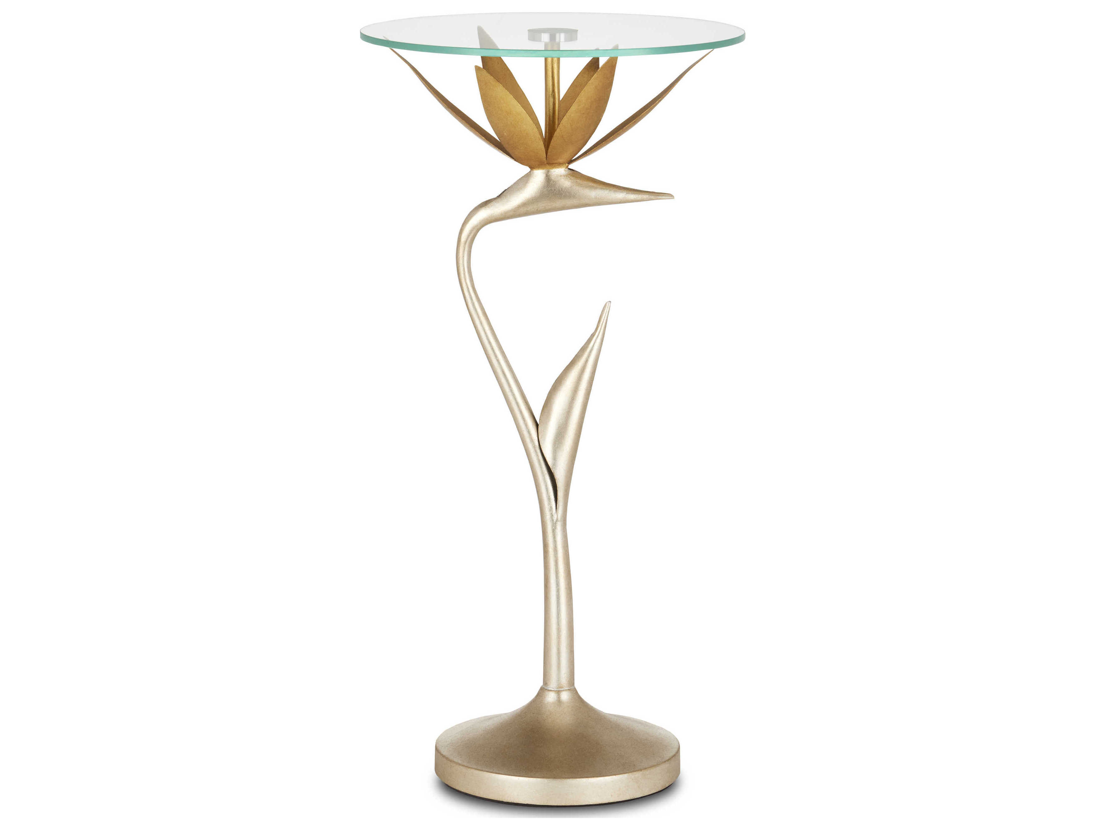 Currey & Company Paradiso Round Glass Contemporary Silver Leaf Gold Clear End Table