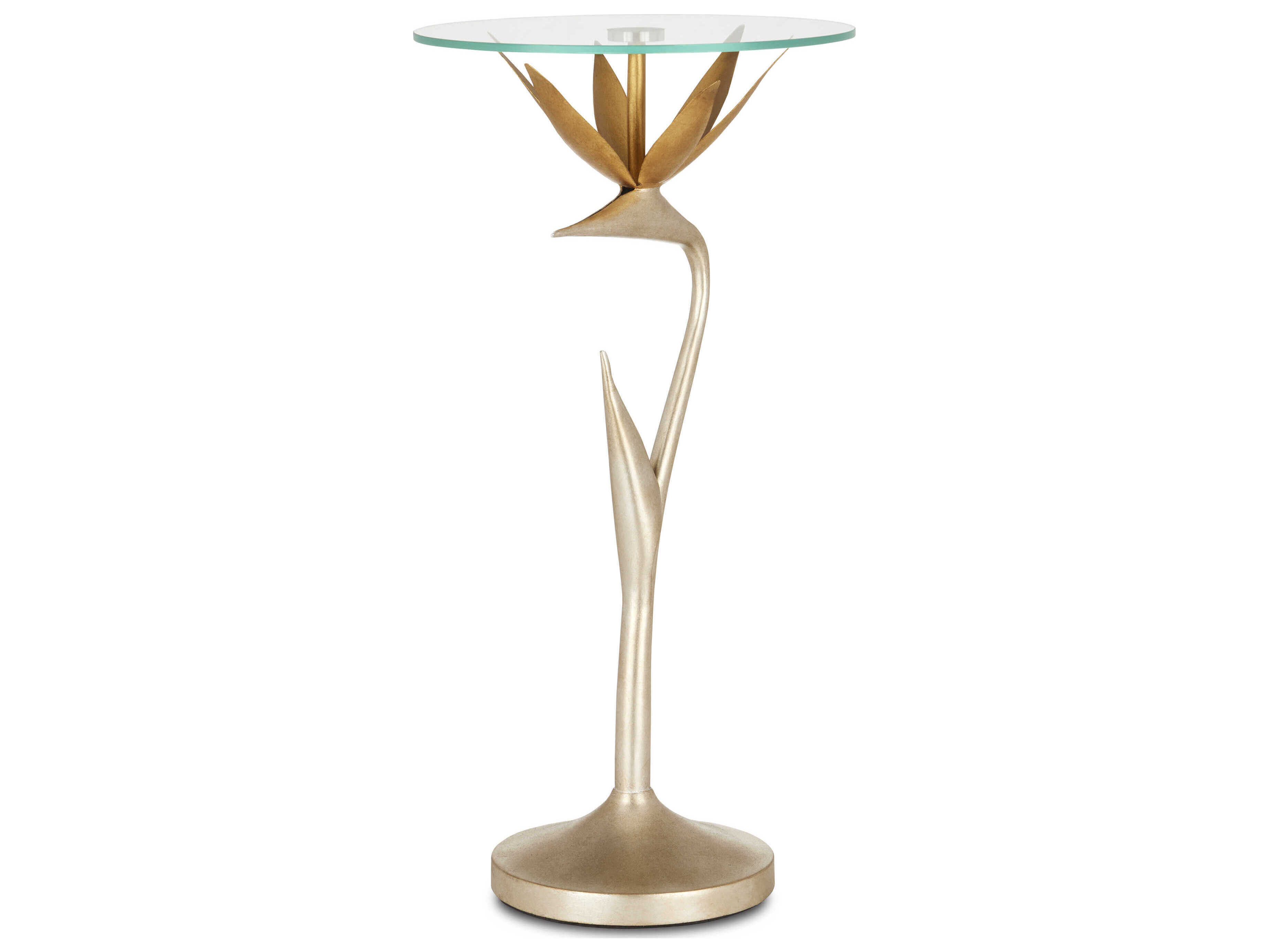 Currey & Company Paradiso Round Glass Contemporary Silver Leaf Gold Clear End Table