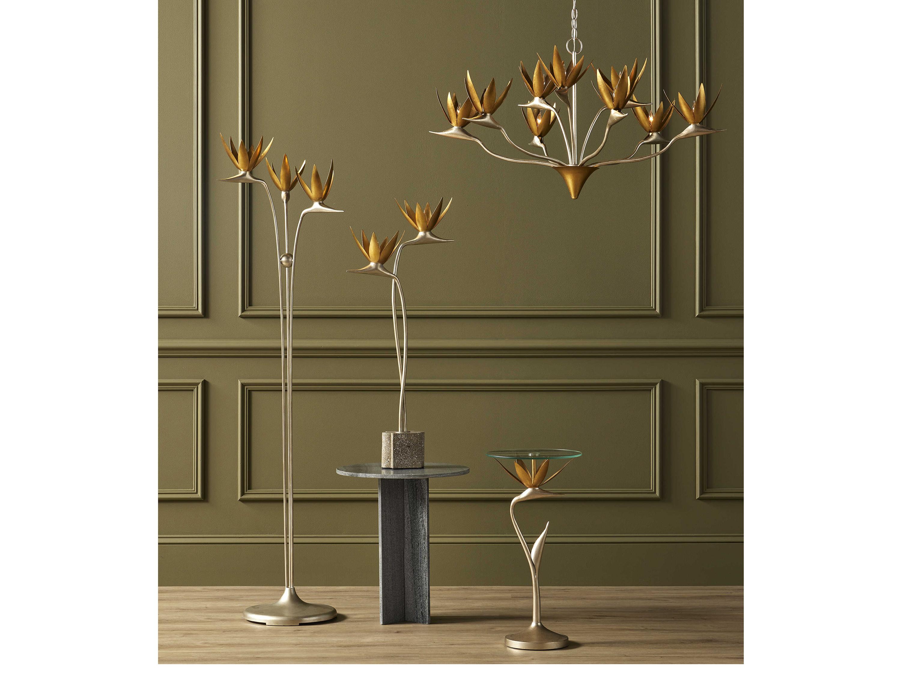 Currey & Company Paradiso Round Glass Contemporary Silver Leaf Gold Clear End Table