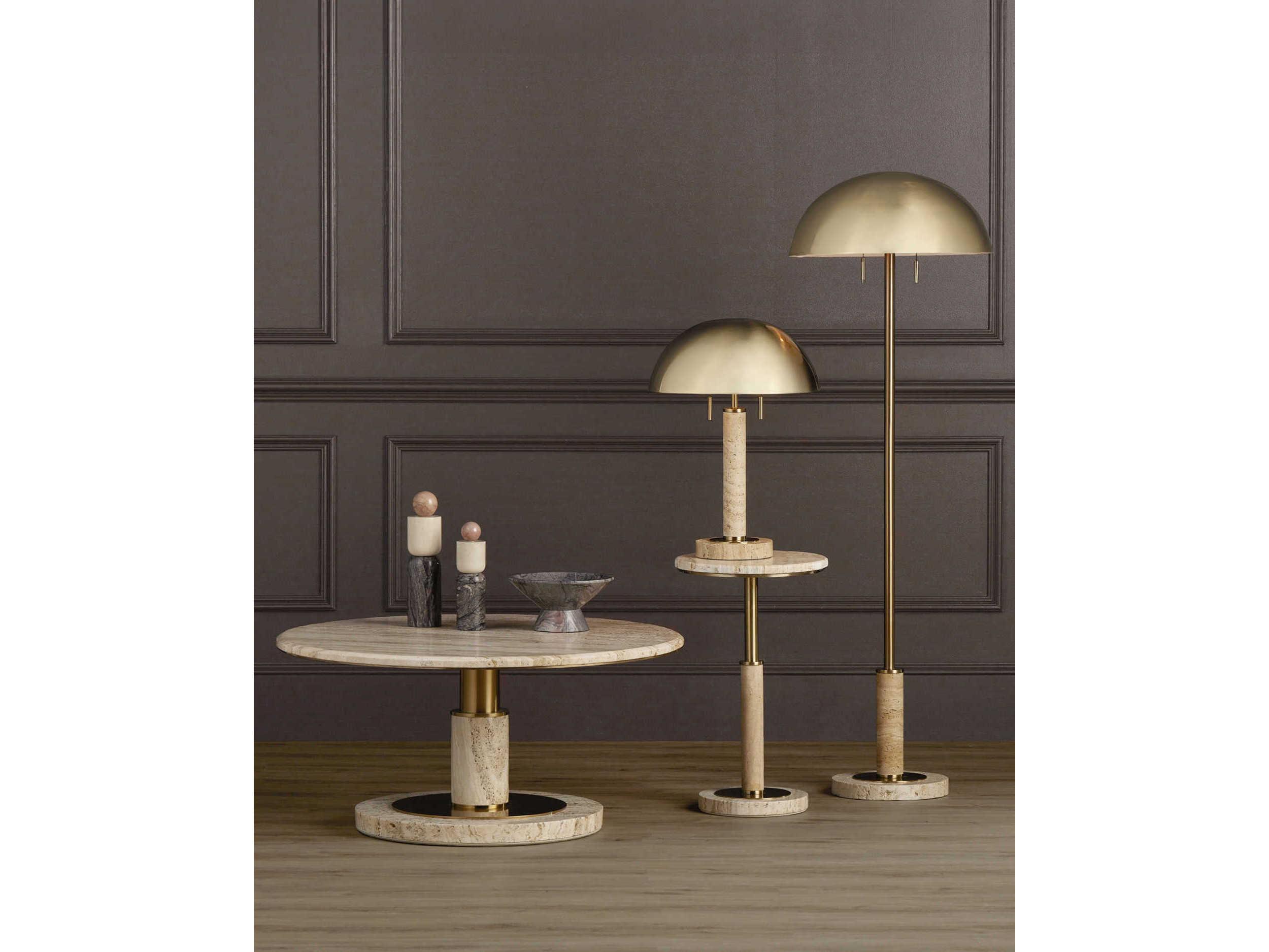 Currey & Company Miles Round Stone Natural Polished Brass Coffee Table