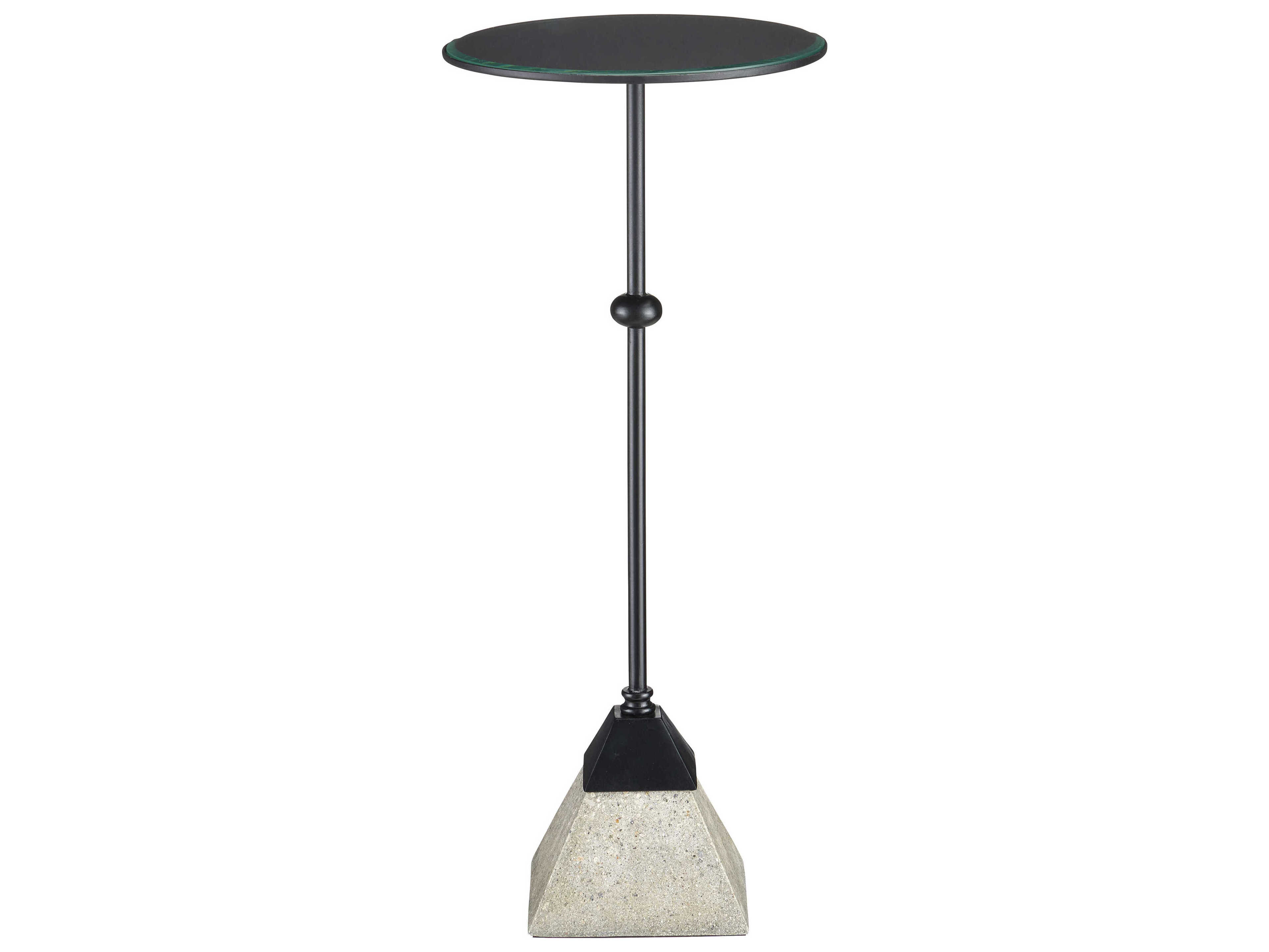 Currey & Company Parna Round Glass Satin Black Polished Concrete Clear End Table
