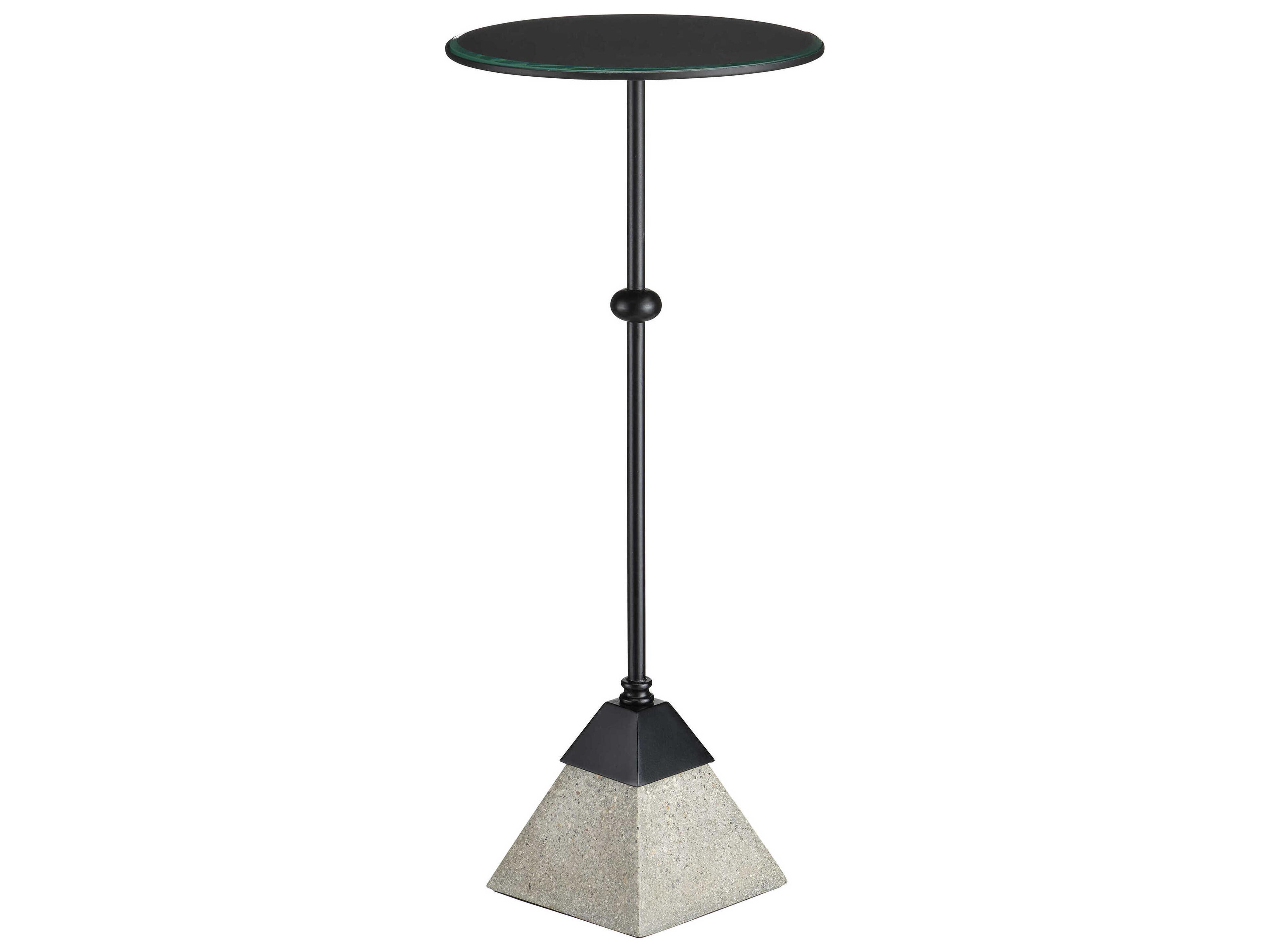 Currey & Company Parna Round Glass Satin Black Polished Concrete Clear End Table