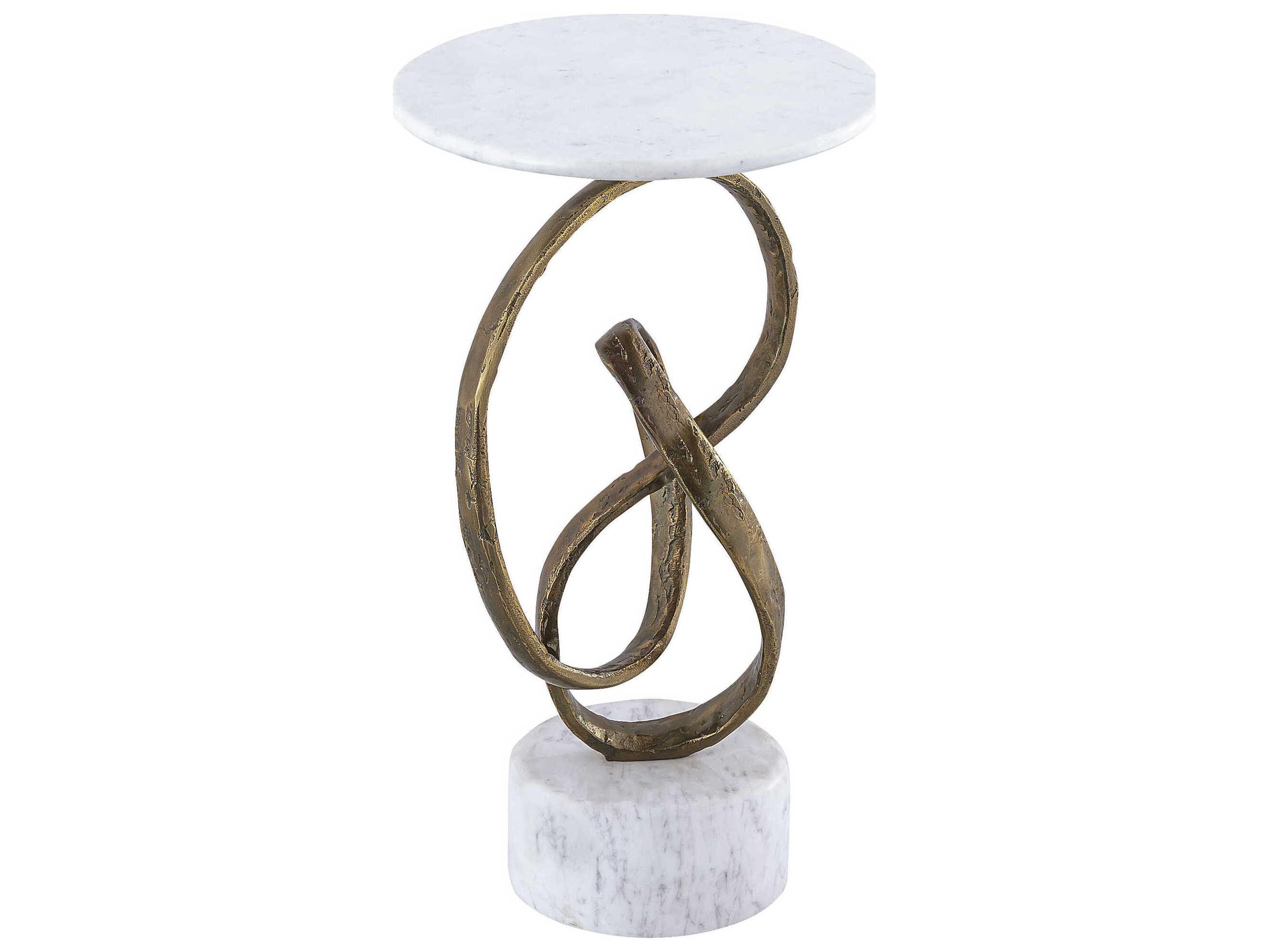 Currey & Company Ruban Round Marble Antique Brass Natural End Table
