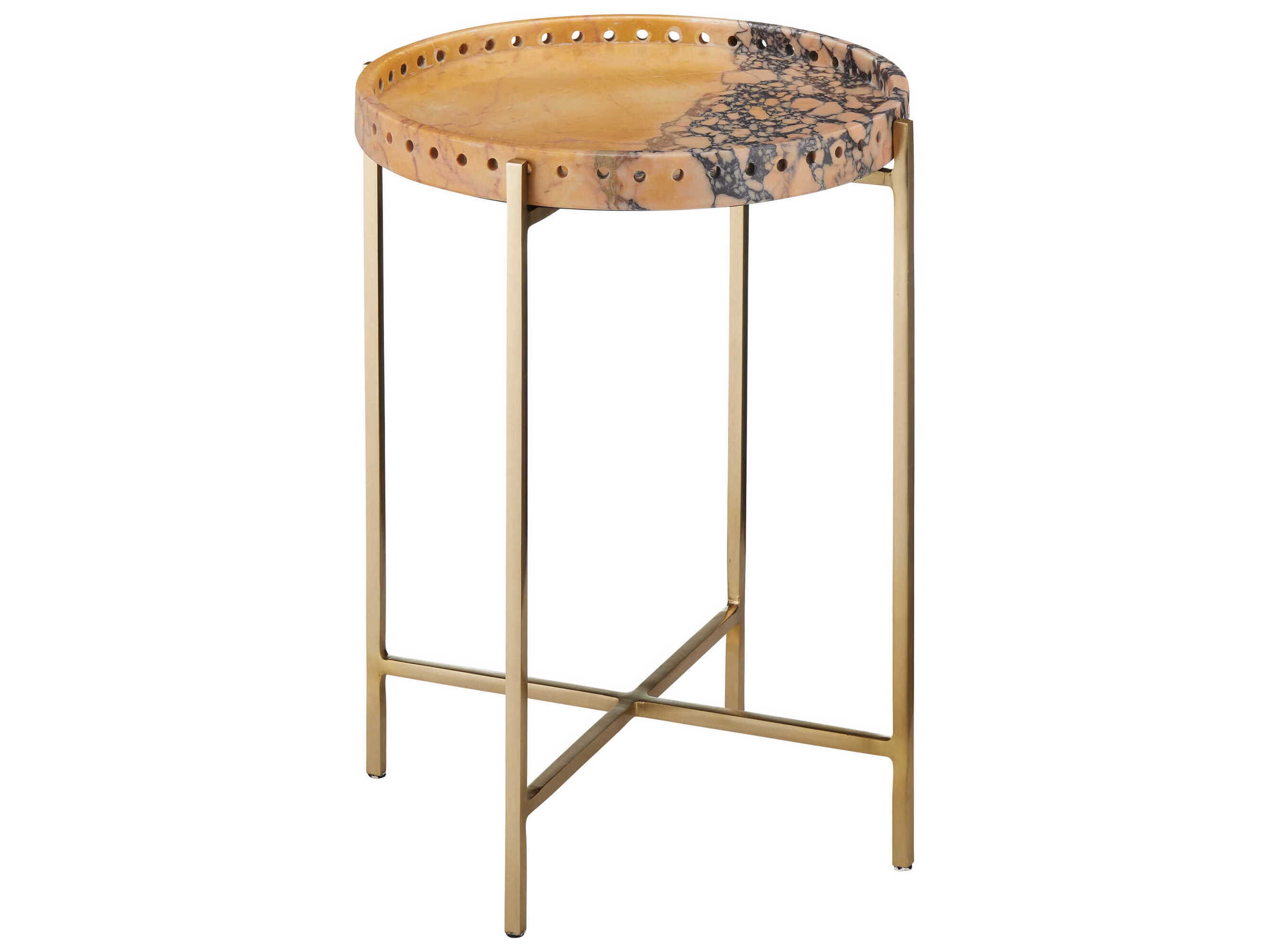 Currey & Company Freya Round Faux Marble Natural Antique Brass End Table