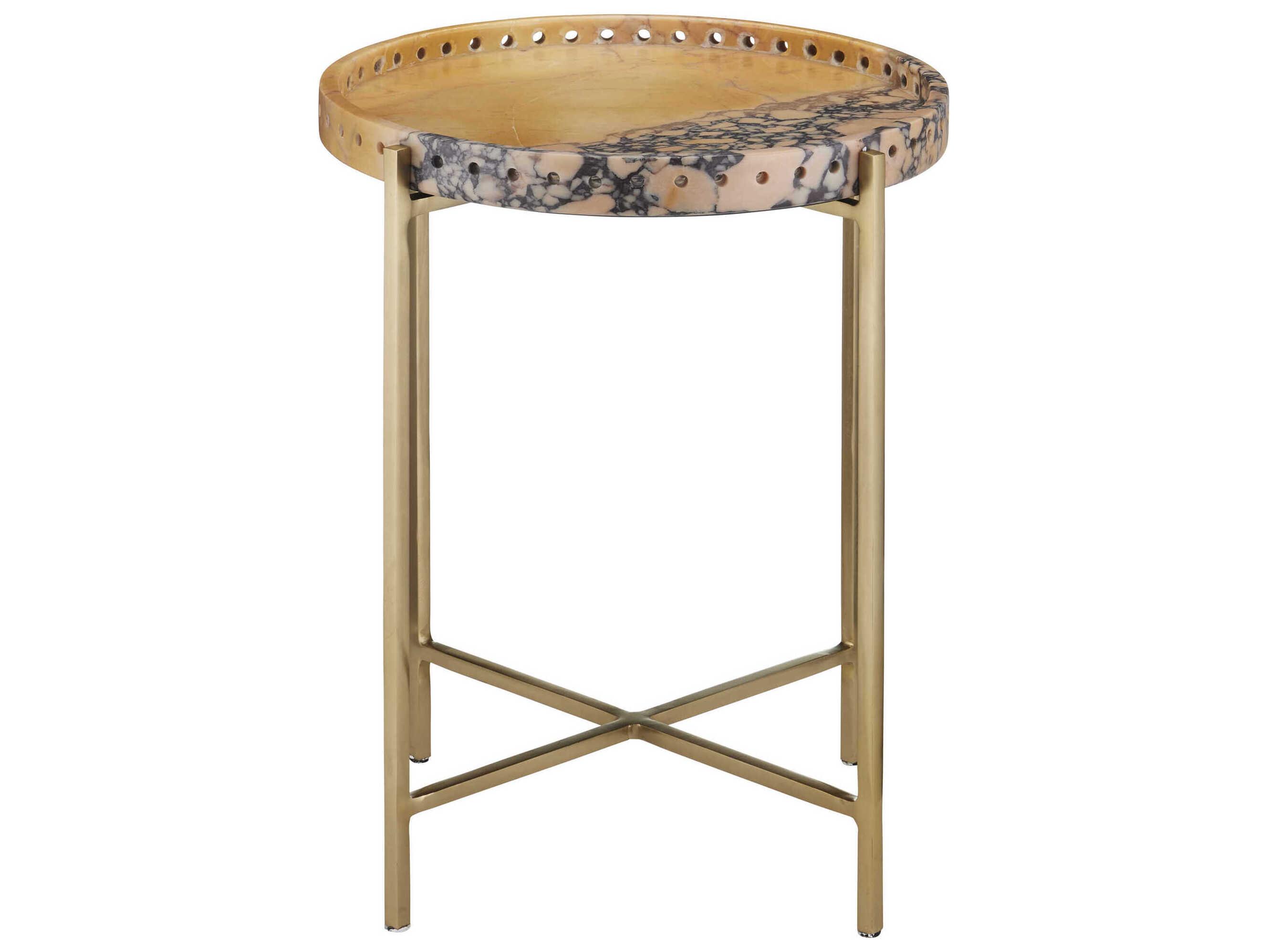 Currey & Company Freya Round Faux Marble Natural Antique Brass End Table