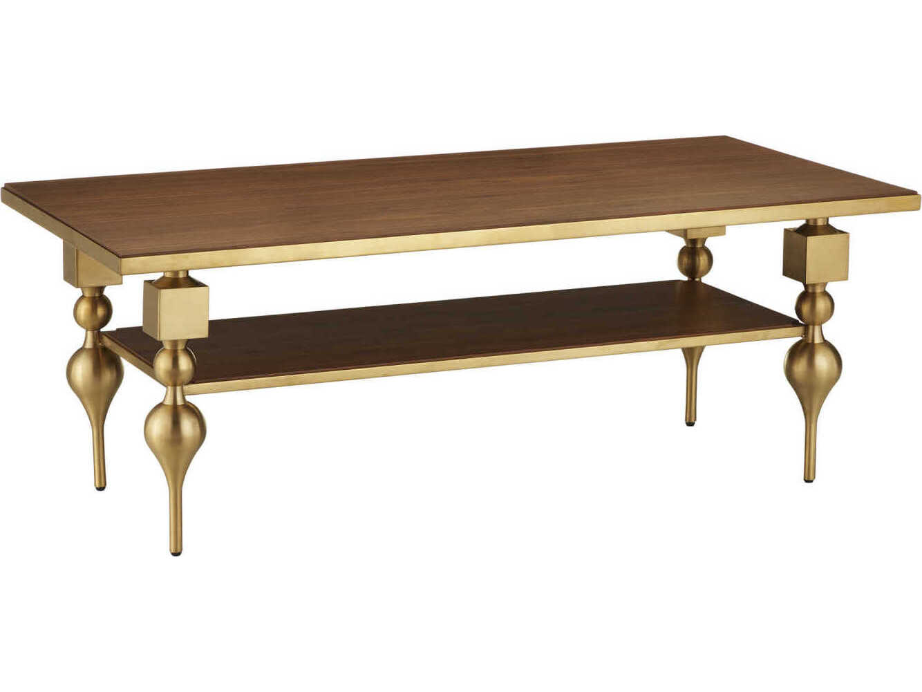 Currey & Company Maeve Rectangular Wood Brushed Brass Walnut Coffee Table