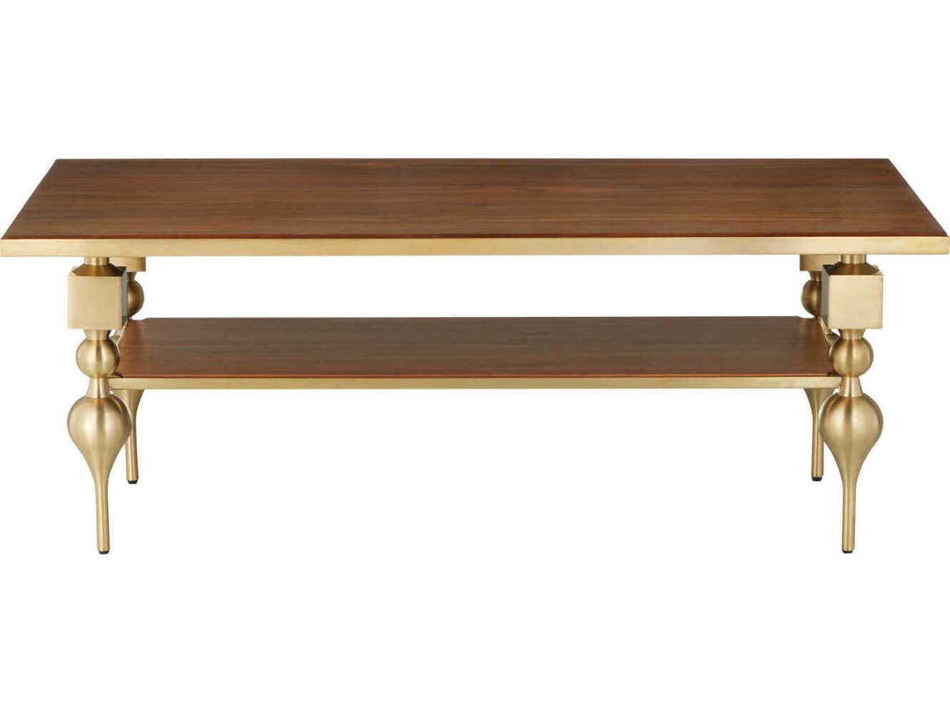 Currey & Company Maeve Rectangular Wood Brushed Brass Walnut Coffee Table