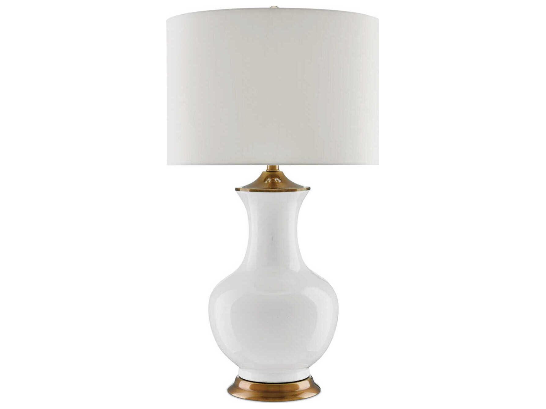 Currey & Company Lilou Edison Bulb Buffet/Table White Antique Brass Buffet Lamp with Off Shantung Shade