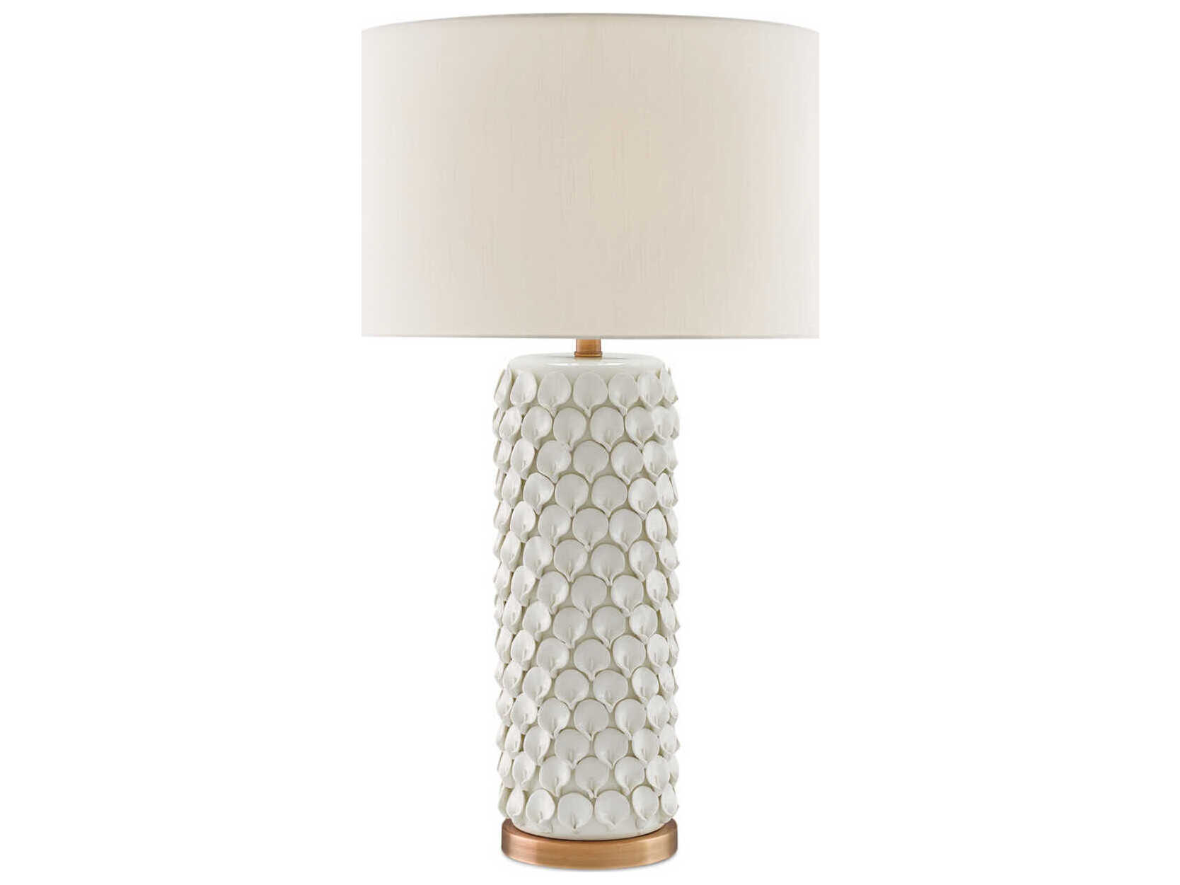 Currey & Company Calla Lily Edison Bulb Buffet/Table Cream Antique Brass Off White Buffet Lamp with Eggshell Shantung Shade