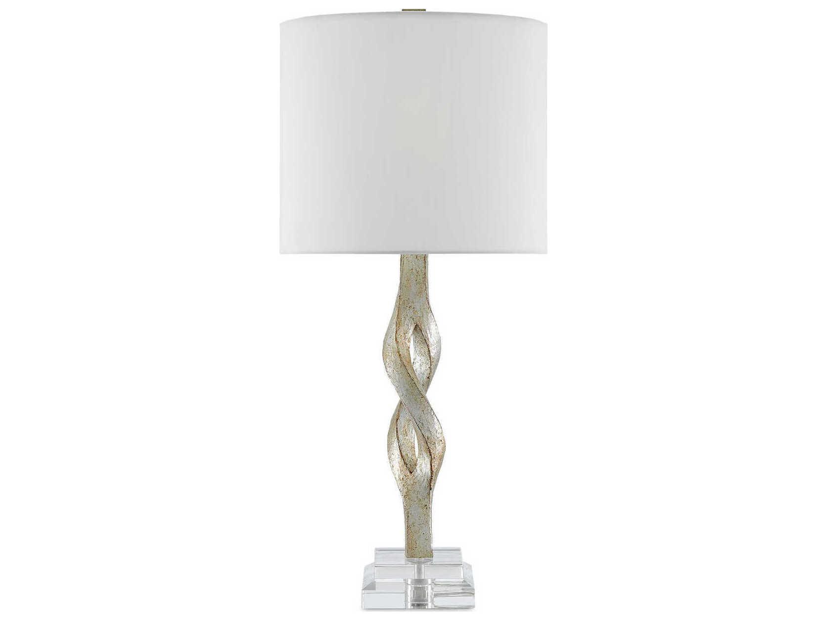 Currey & Company Elyx Edison Bulb Buffet/Table Chinois Silver Leaf Clear Buffet Lamp with Off White Shantung Shade