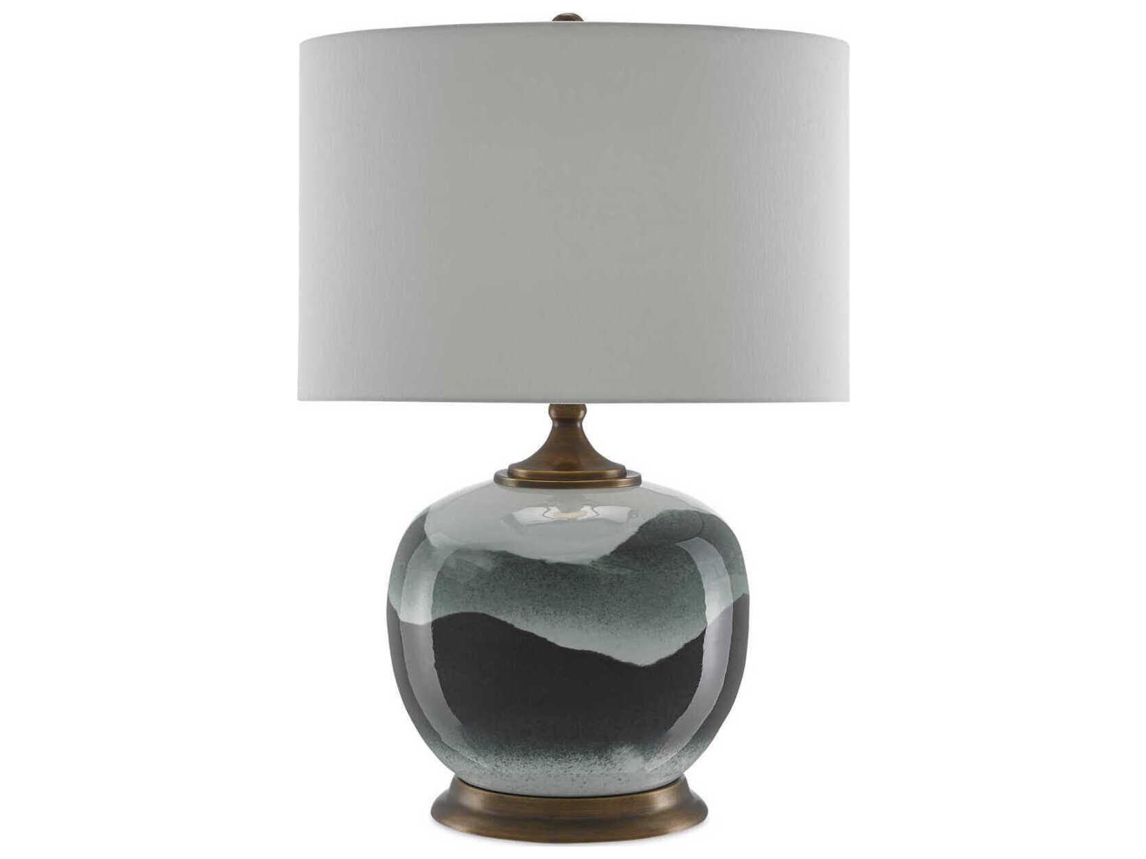 Currey & Company Boreal White Green Antique Brass Edison Bulb Buffet/Table Greentique Buffet Lamp with Linen Shade