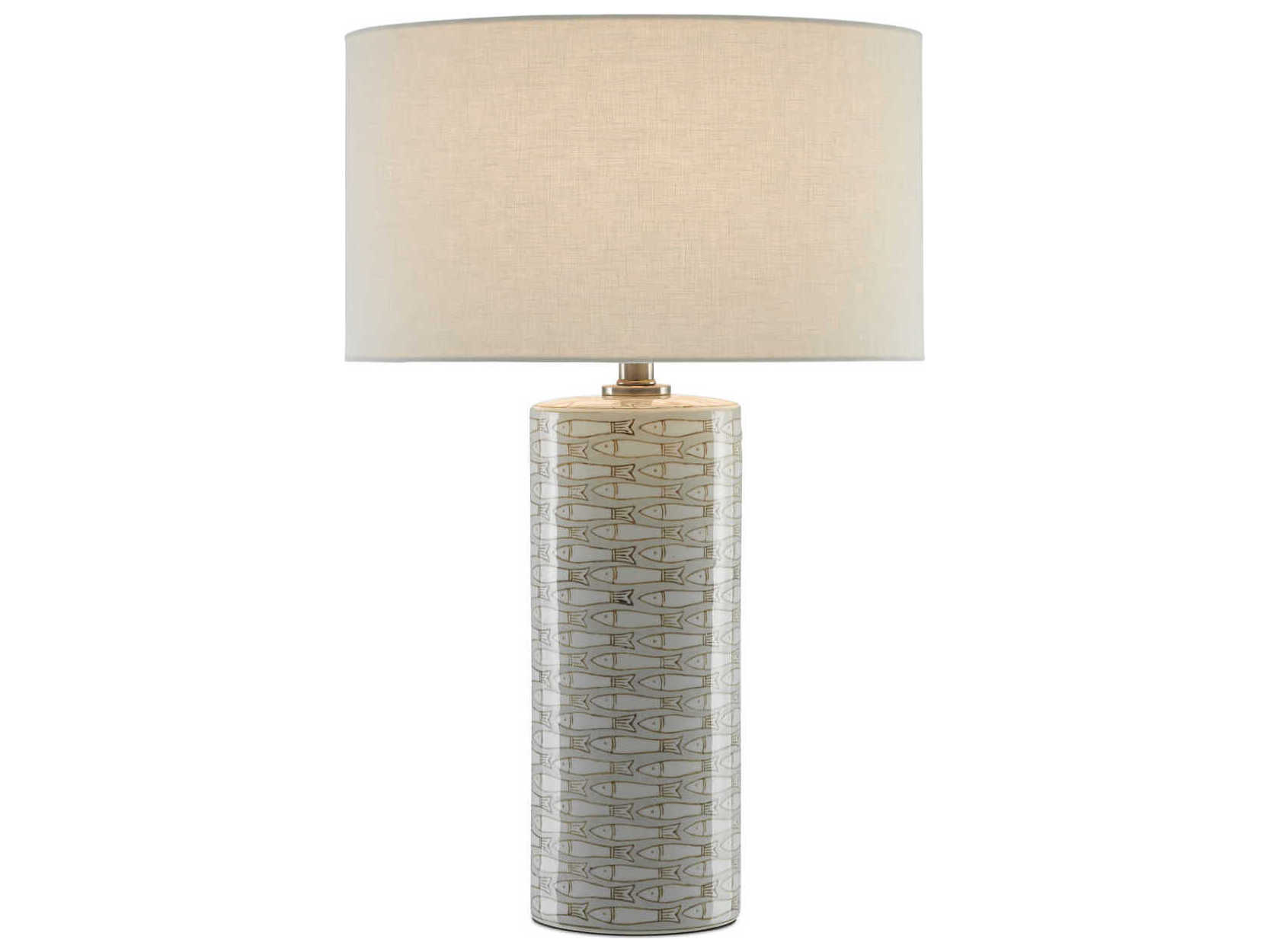 Currey & Company Fisch Gray White Antique Nickel Off Linen Buffet Lamp