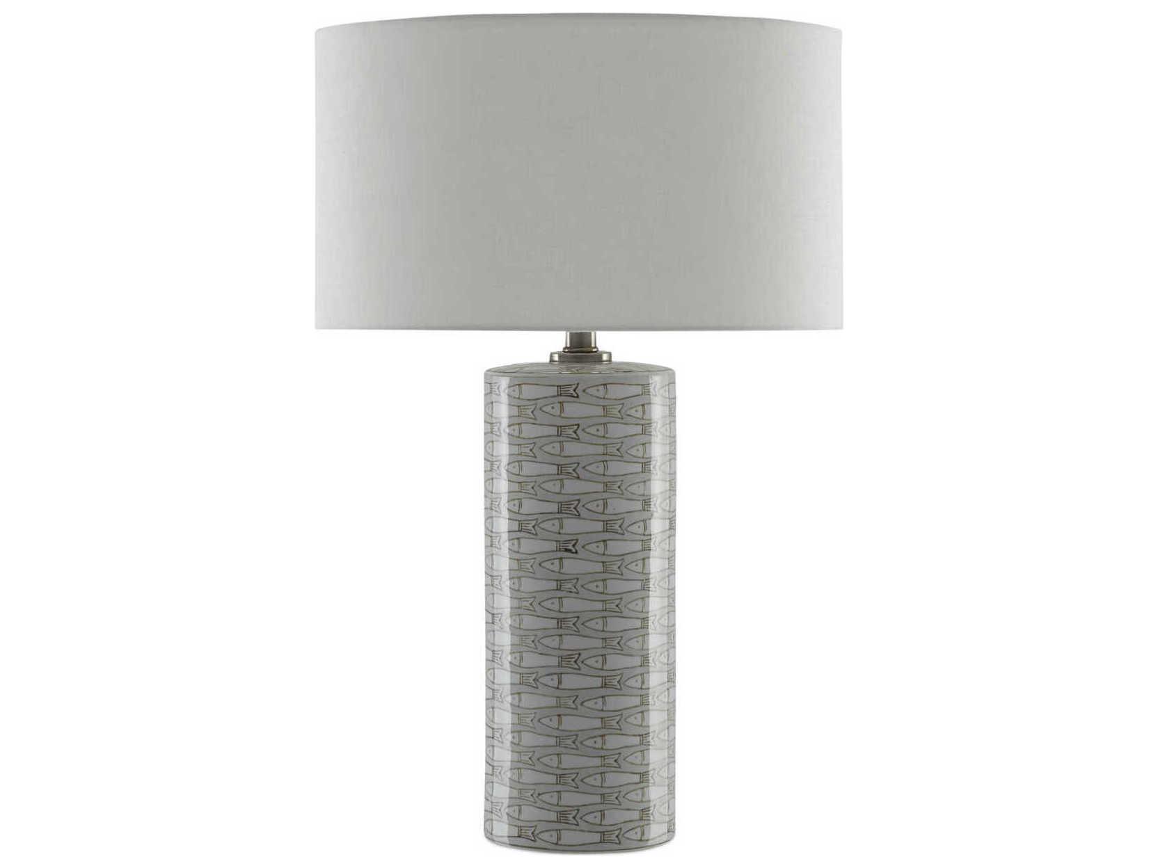 Currey & Company Fisch Gray White Antique Nickel Off Linen Buffet Lamp