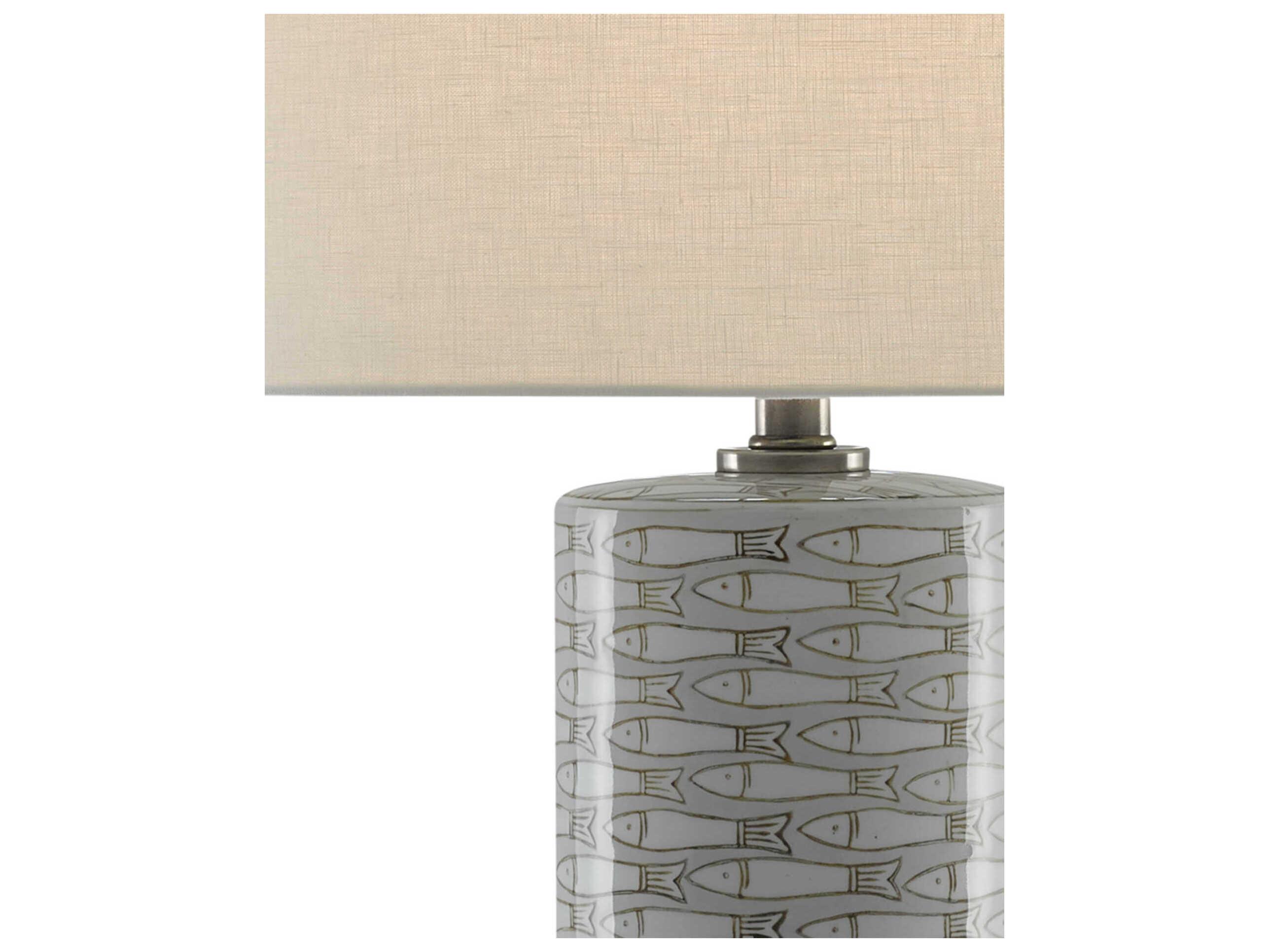 Currey & Company Fisch Gray White Antique Nickel Off Linen Buffet Lamp