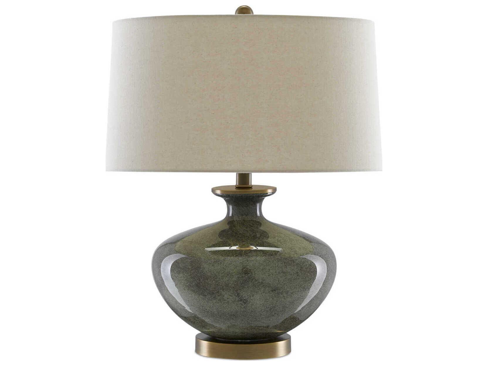 Currey & Company Greenlea Glass Dark Gray Moss Green Antique Brass Table Lamp