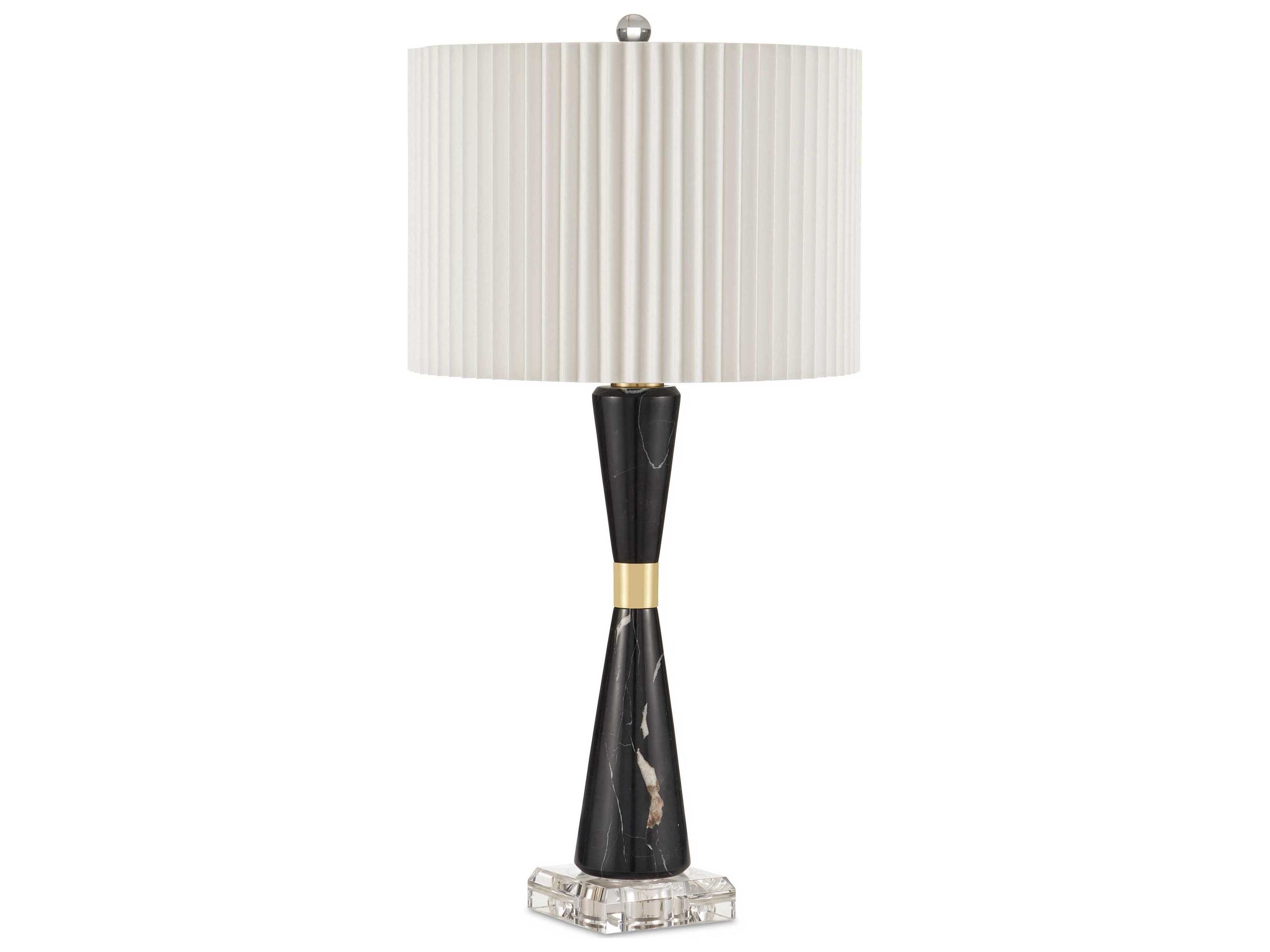 Currey & Company Edelmar Natural Brass Clear Off White Shantung Knife Pleated Black Buffet Lamp