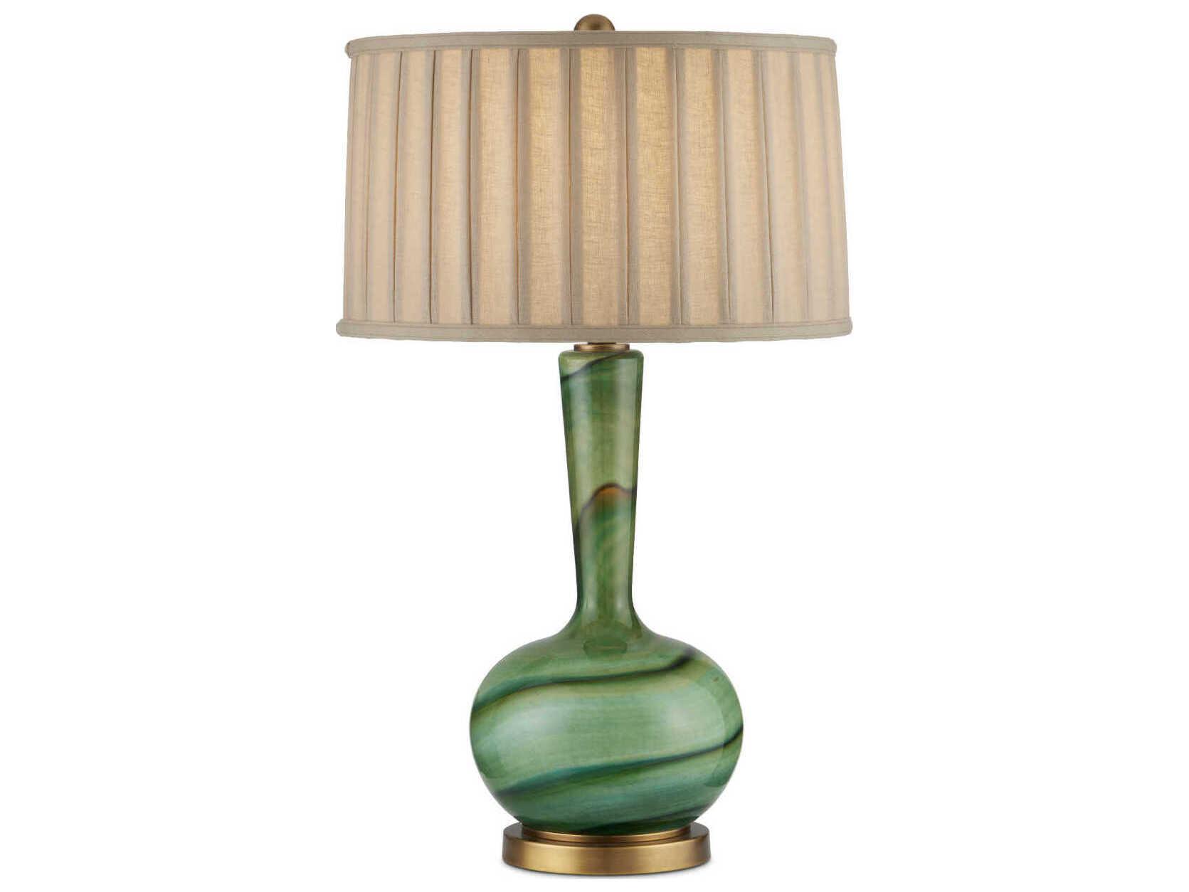 Currey & Company Lamartine Green Antique Brass Beige Linen Buffet Lamp