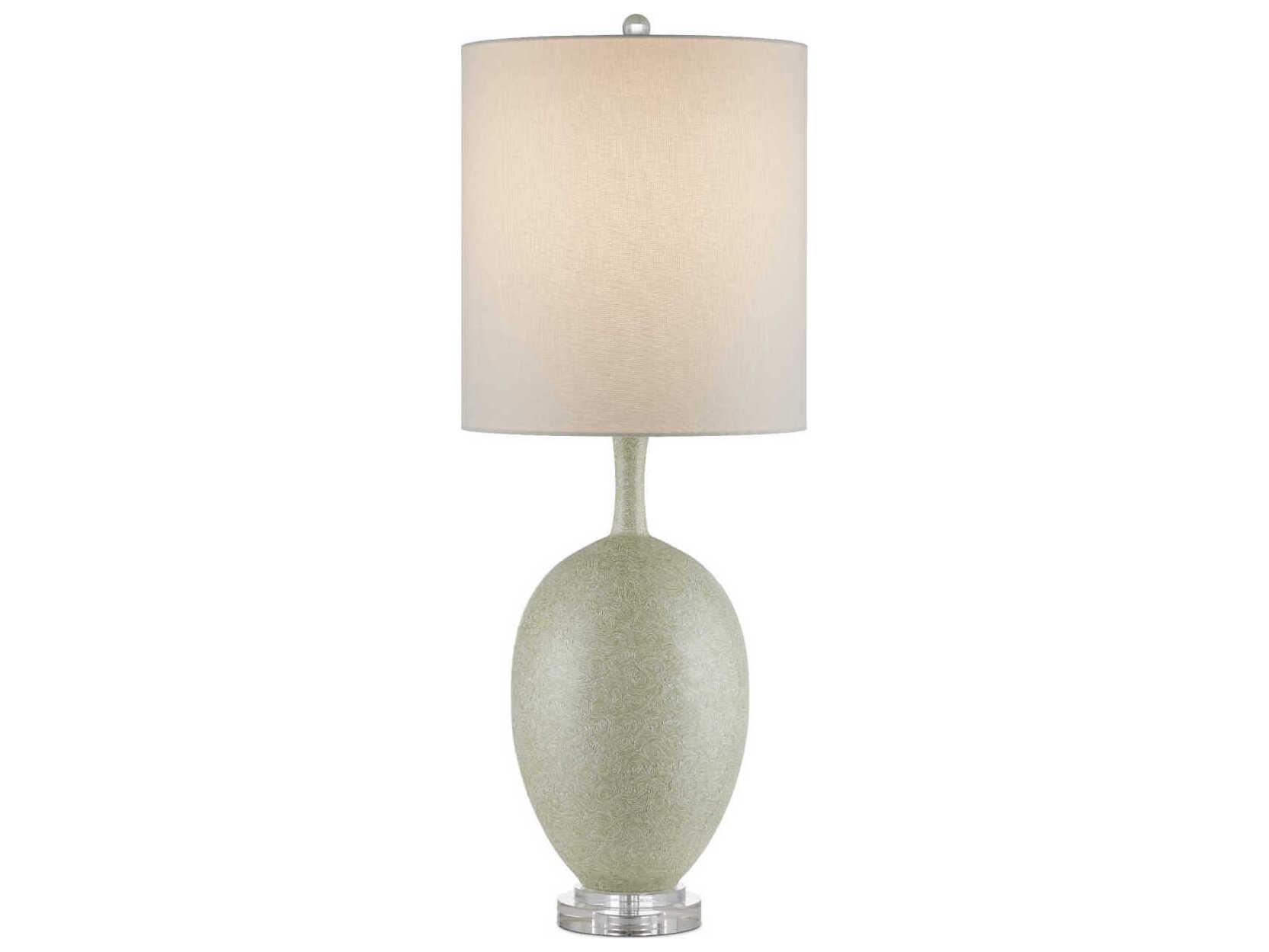 Currey & Company Verdure Green Satin Nickel Light Beige Linen Buffet Lamp