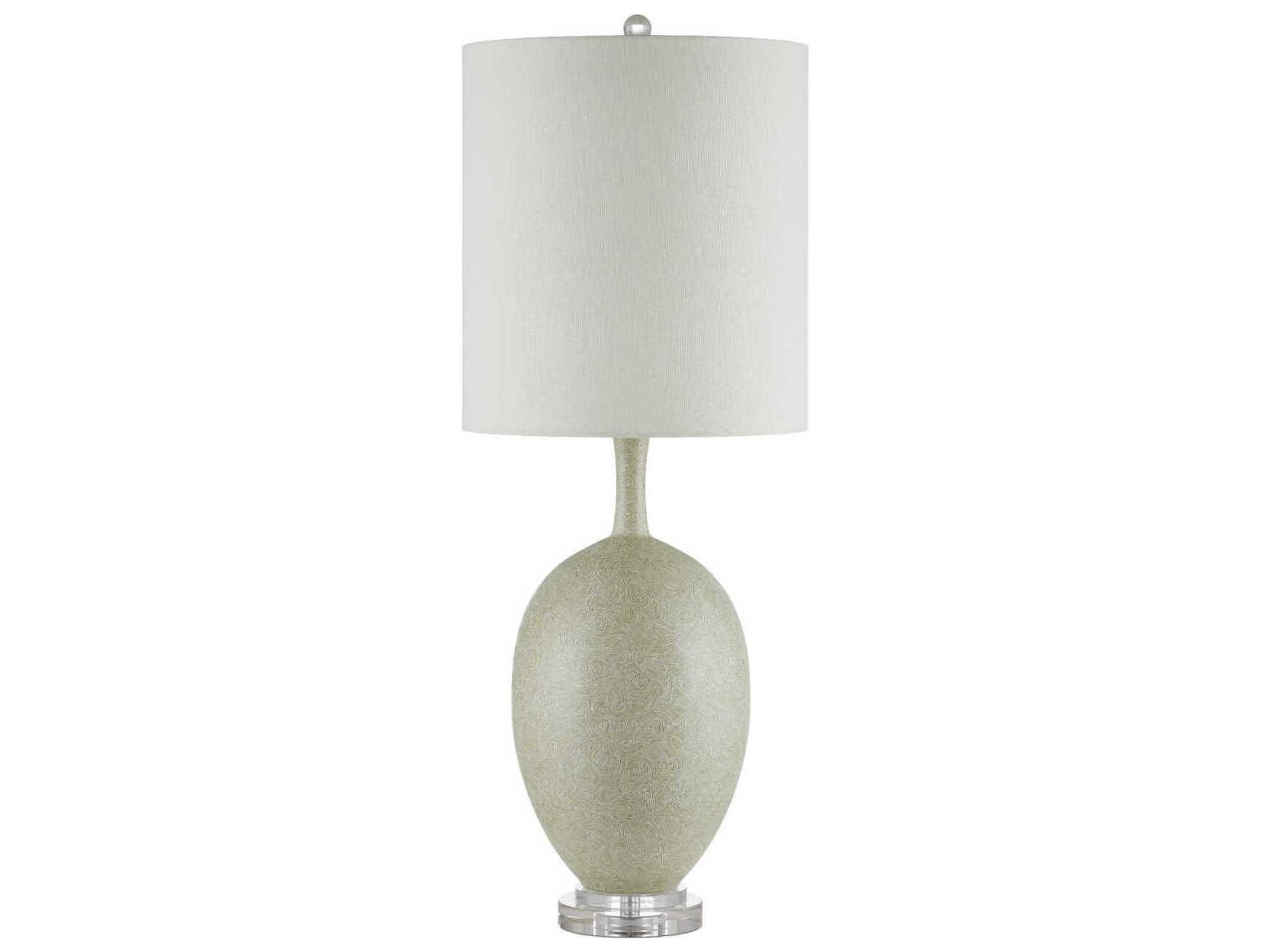 Currey & Company Verdure Green Satin Nickel Light Beige Linen Buffet Lamp
