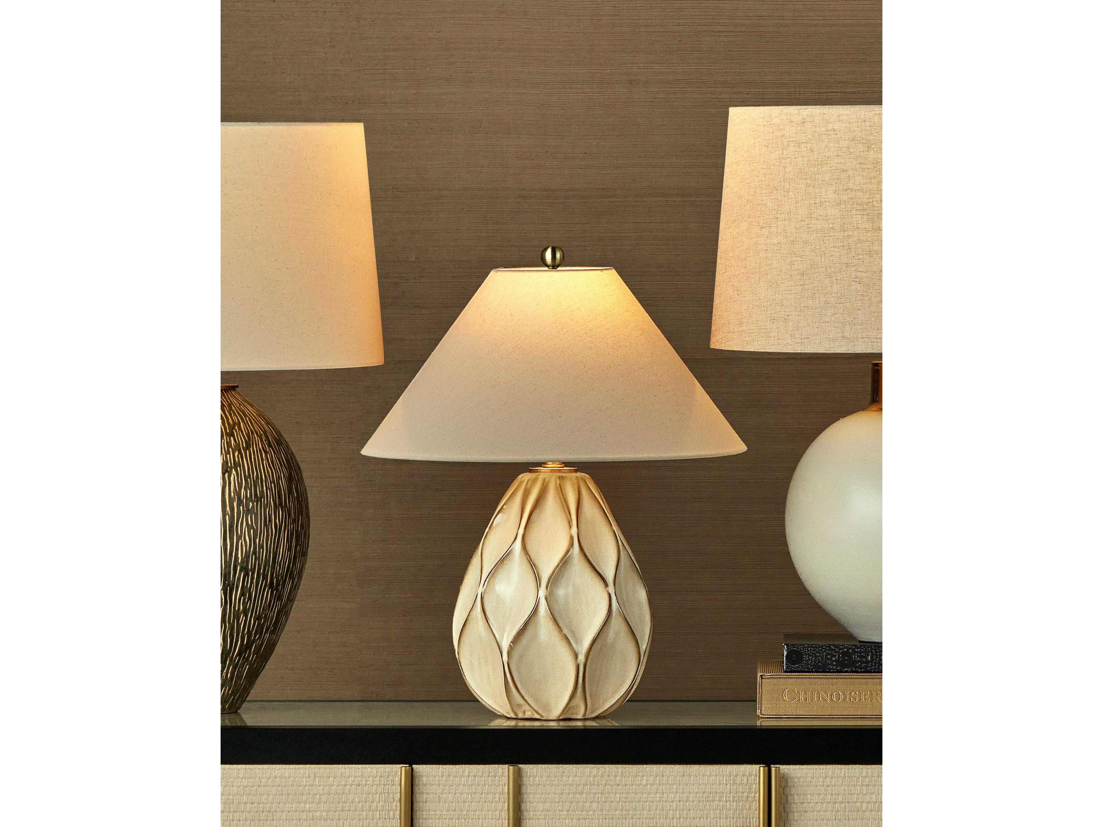 Currey & Company Edgemoor Beige Dark Brown Light Antique Brass Off White Table Lamp