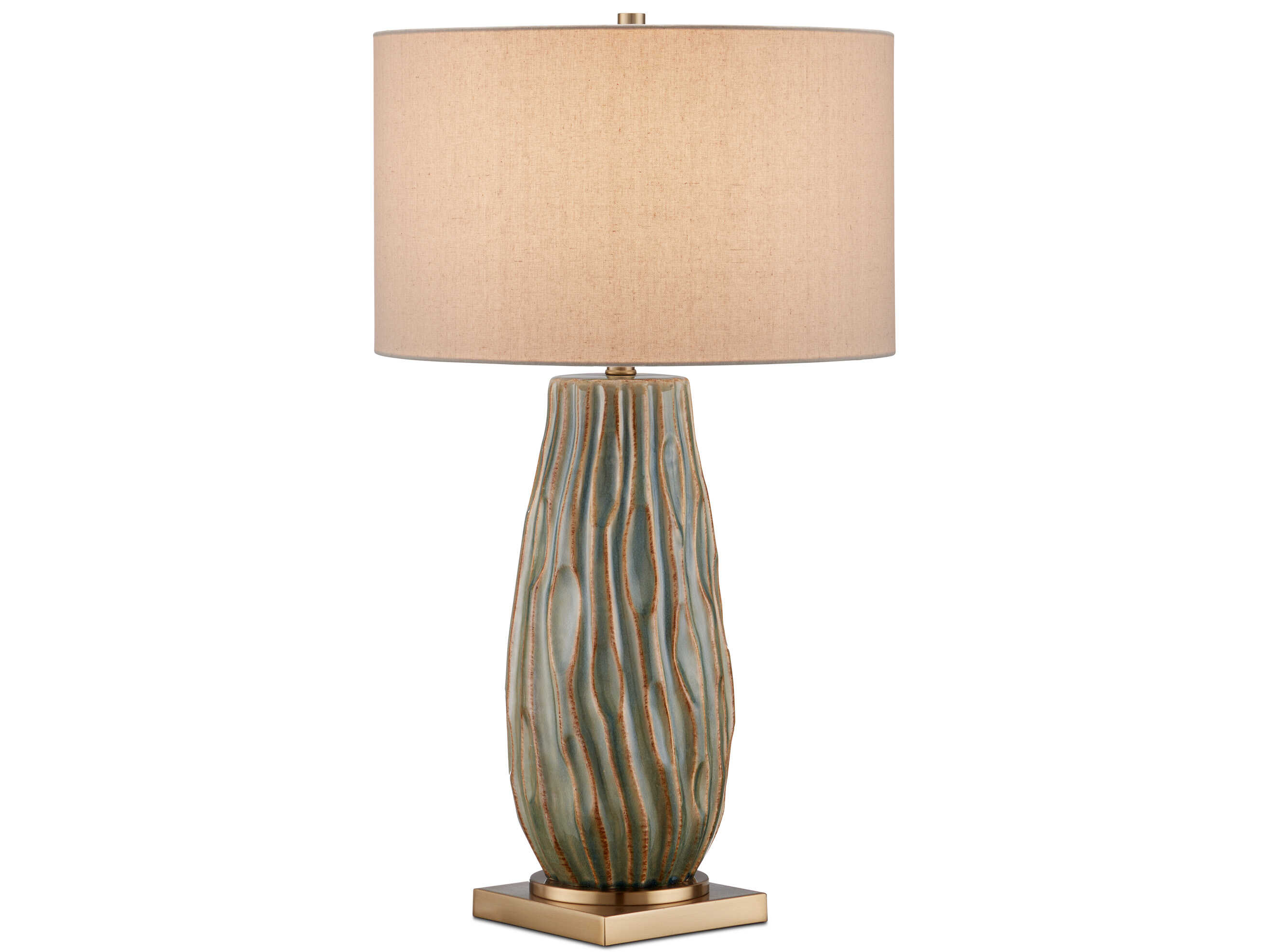 Currey & Company Water-borne Forest Reactive Antique Brass Natural Linen Green Buffet Lamp