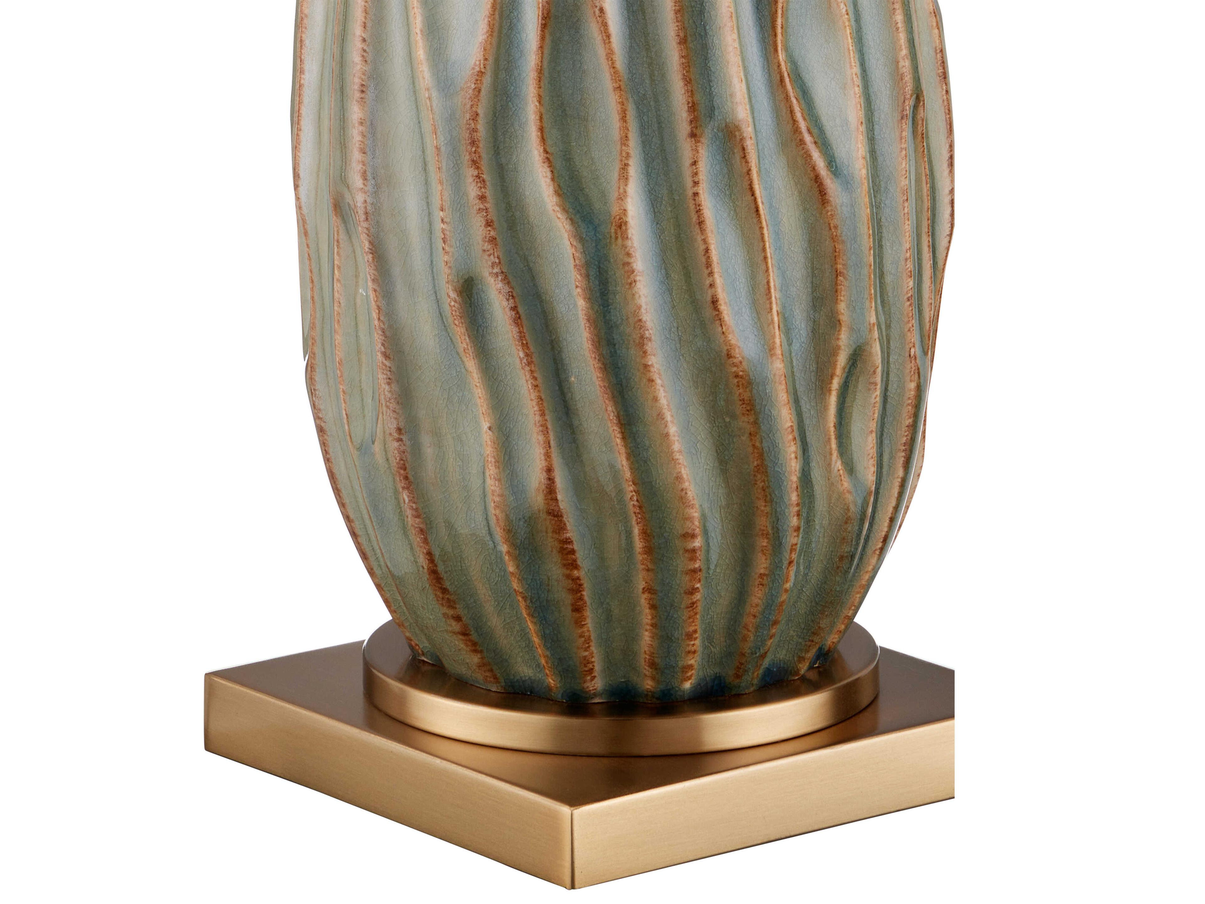 Currey & Company Water-borne Forest Reactive Antique Brass Natural Linen Green Buffet Lamp